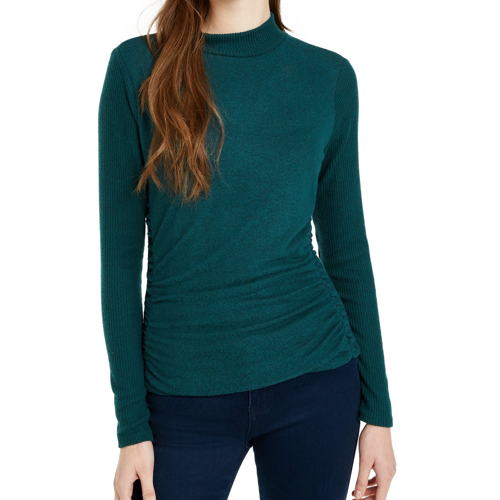 BCX Women Textured Side Ruched Mock Neck Sweater Hunter