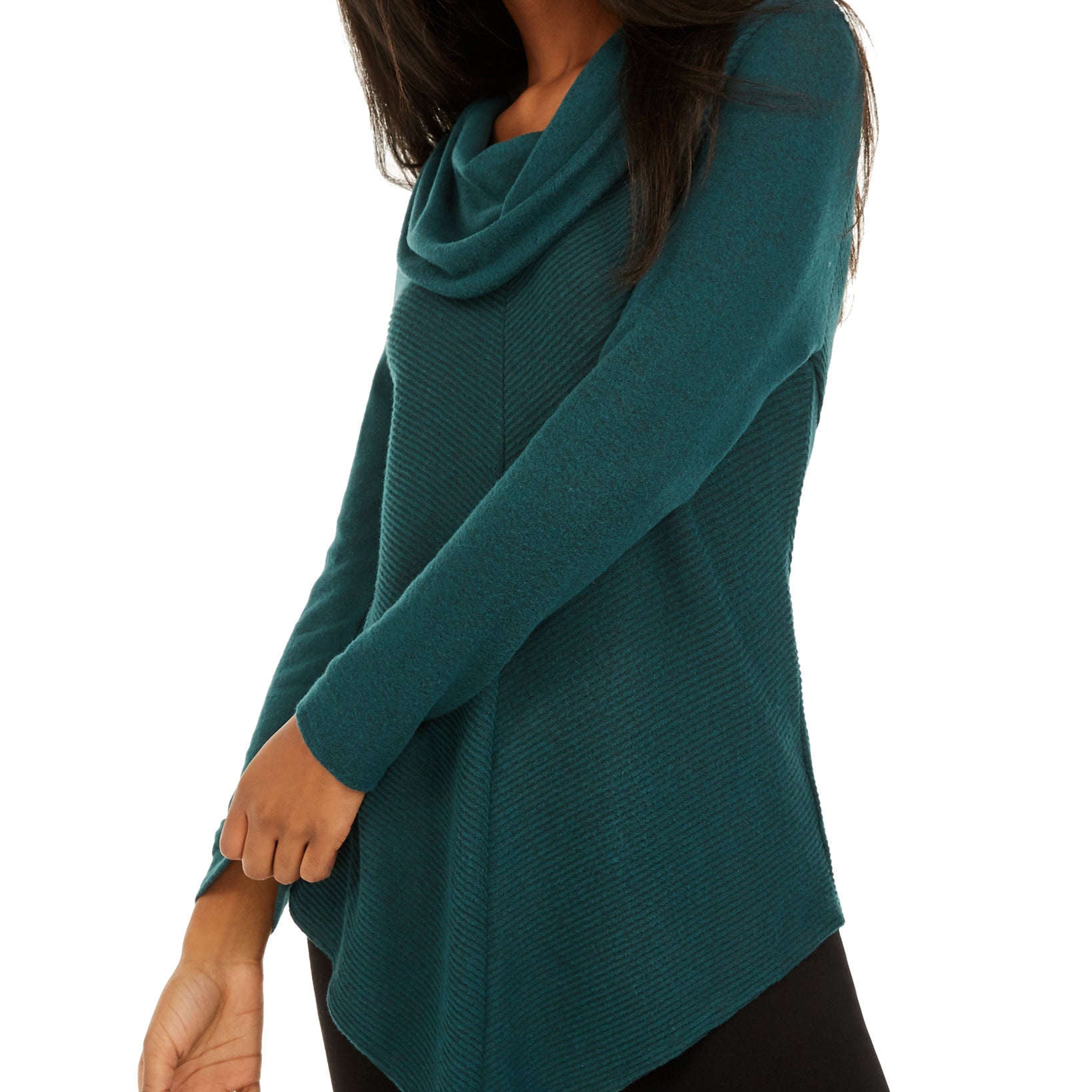 BCX Women Textured Cowlneck V Hem Sweater Hunter