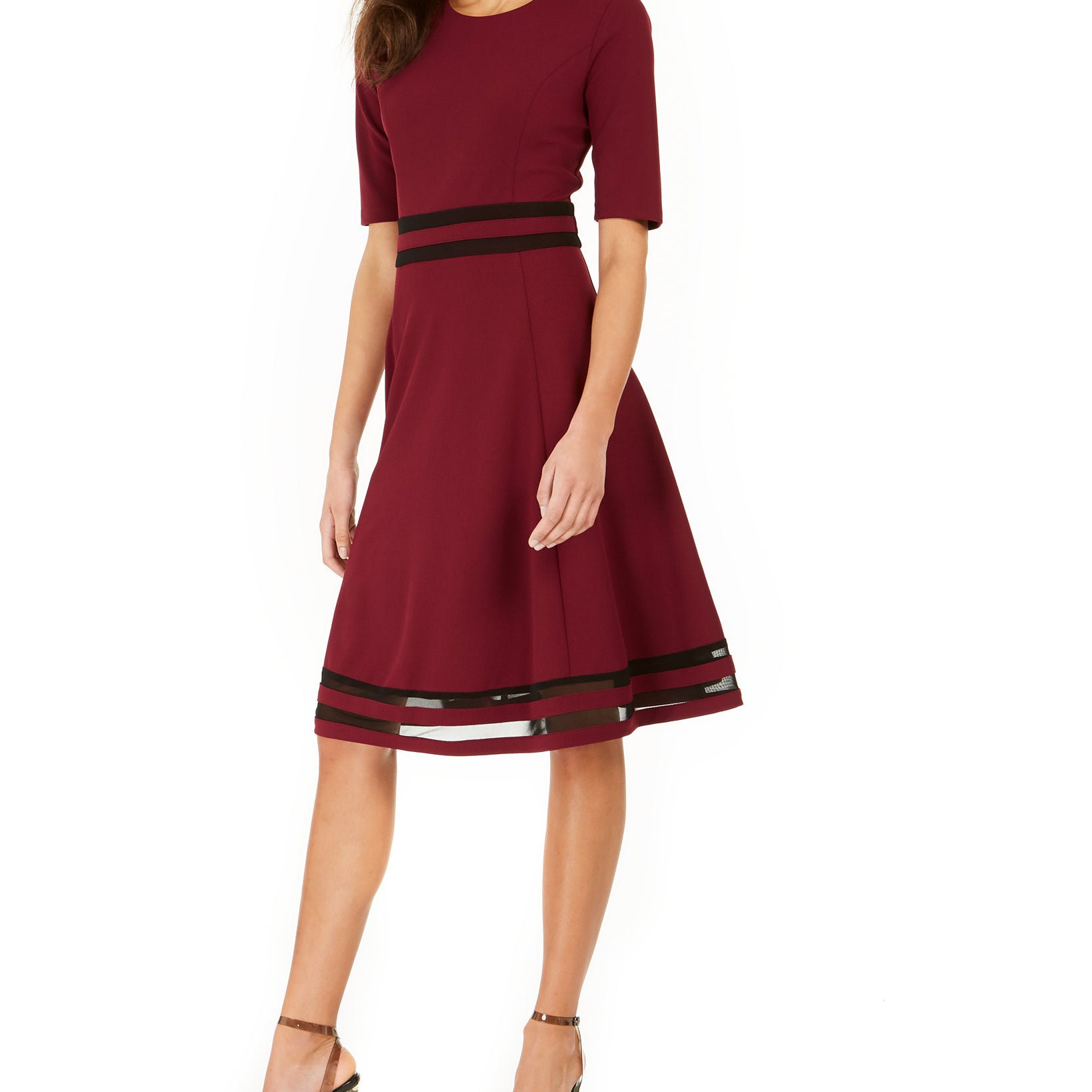 NY Collection Women Petite Mesh Stripe Dress Burgandy