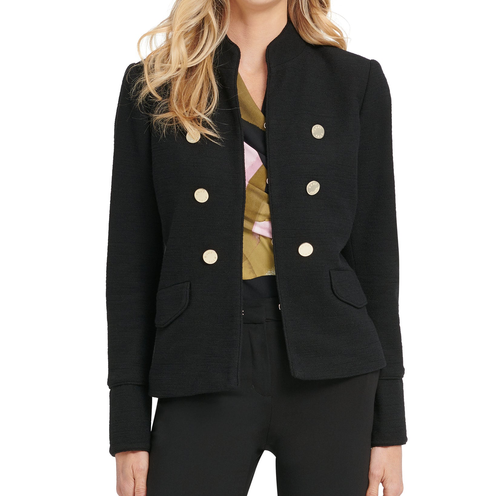 DKNY Women Stand Collar Double Breasted Military Jacket Black