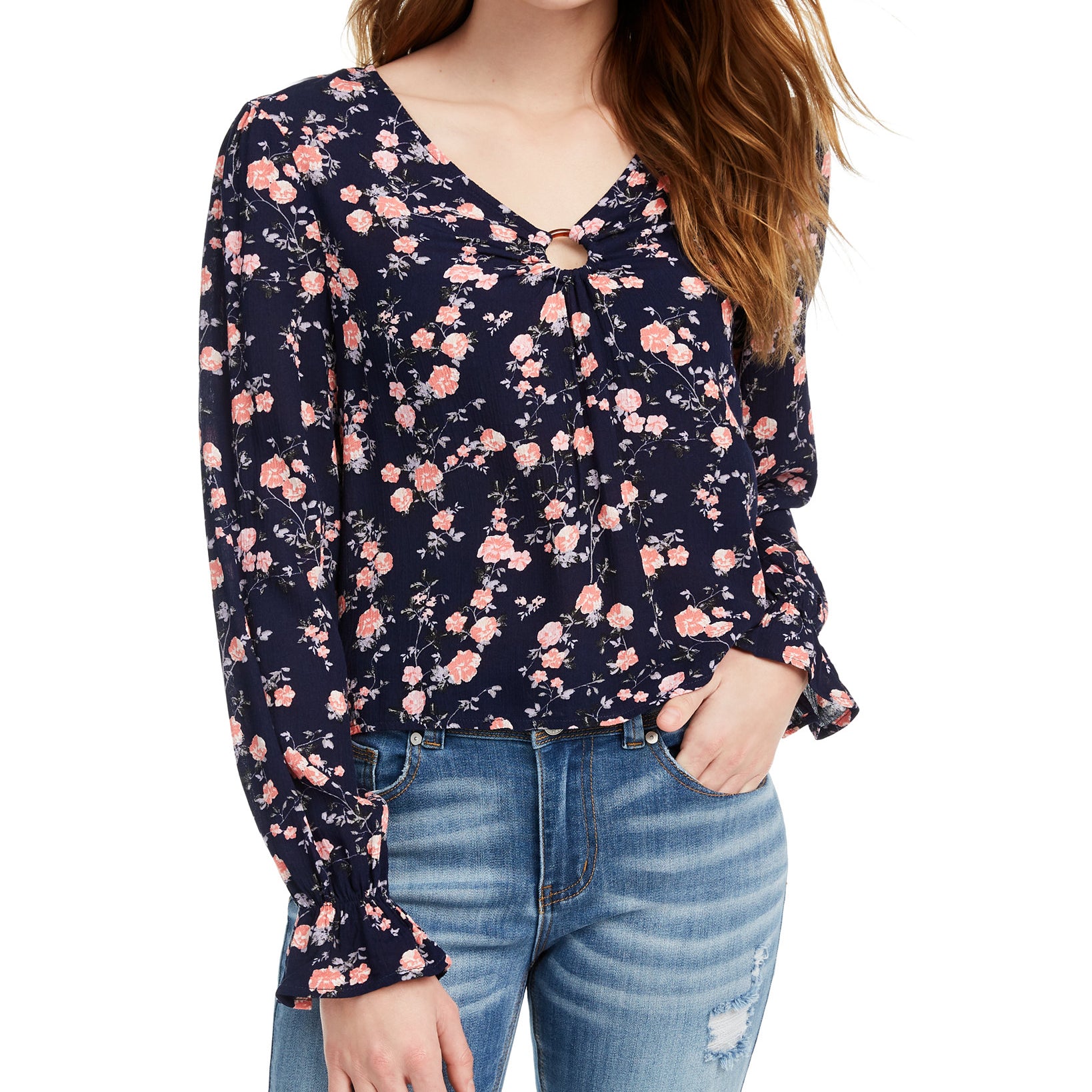 Freshman Women Floral Printed O Ring Top Maritime Blue