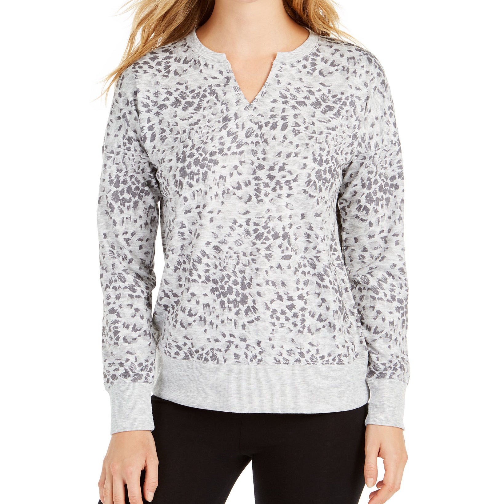 Ideology Women Printed Split Neck Top Grey Whisper