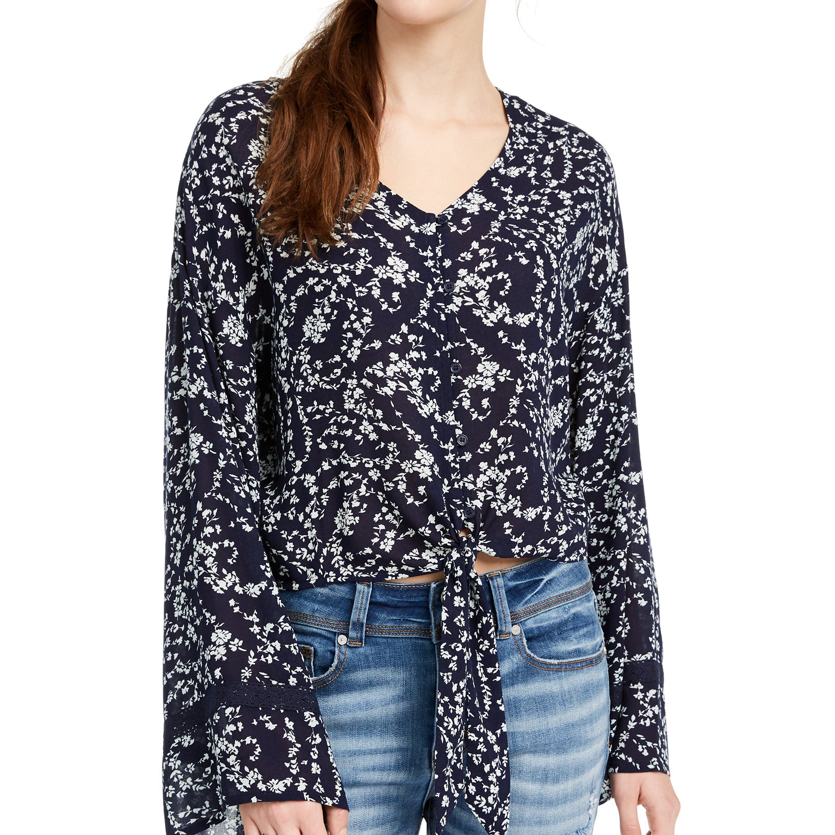 Freshman Women Floral Print Tie Waist Blouse Maritime Blue