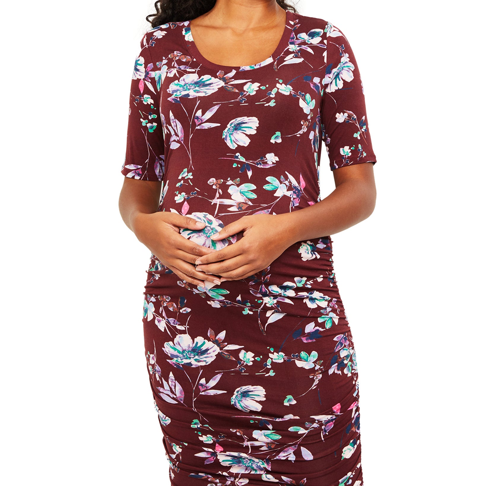 Motherhood Maternity Women Ruched Elbow Sleeve Dress Burgundy Floral