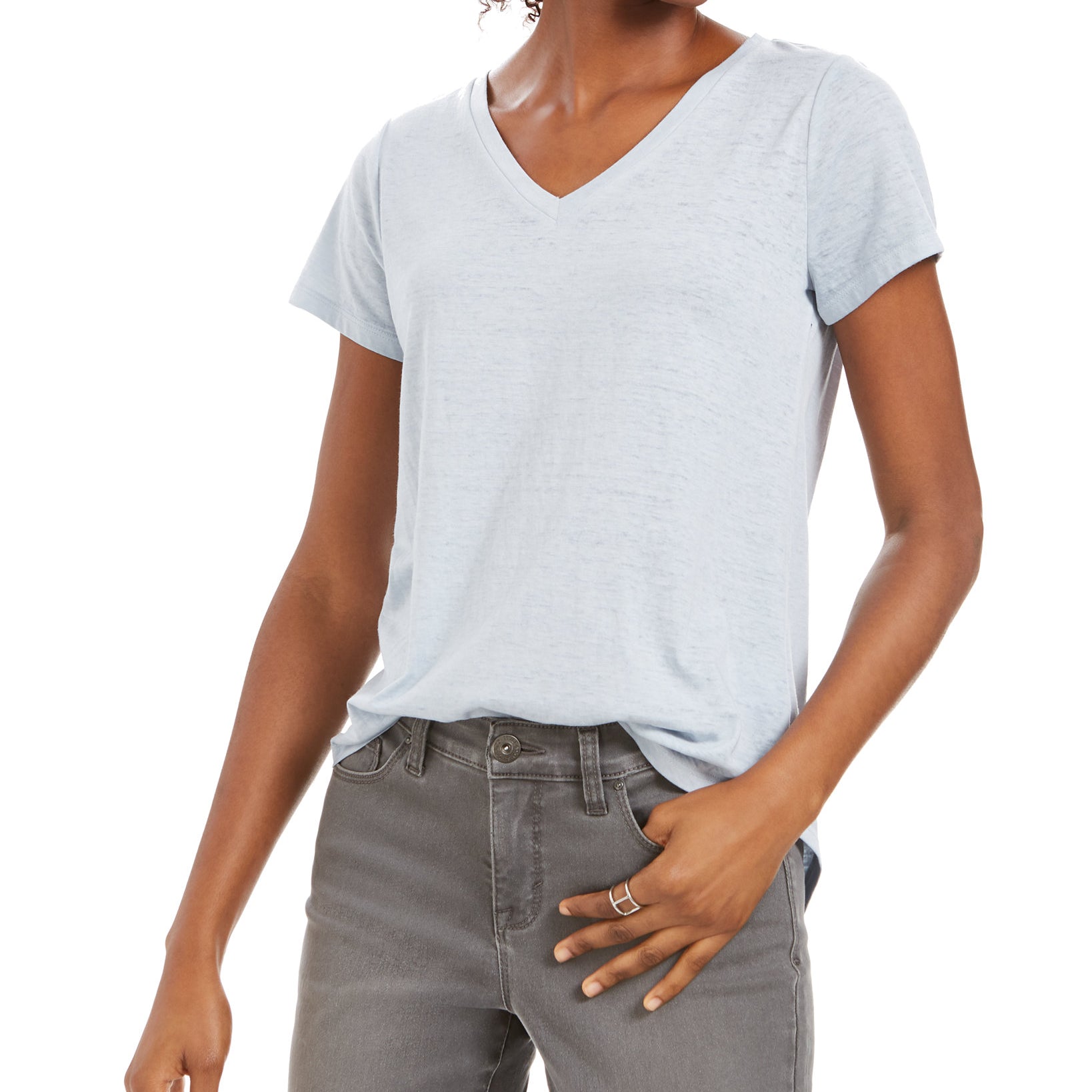 Style & Co Women Burnout V Neck T Shirt Blue Seashell