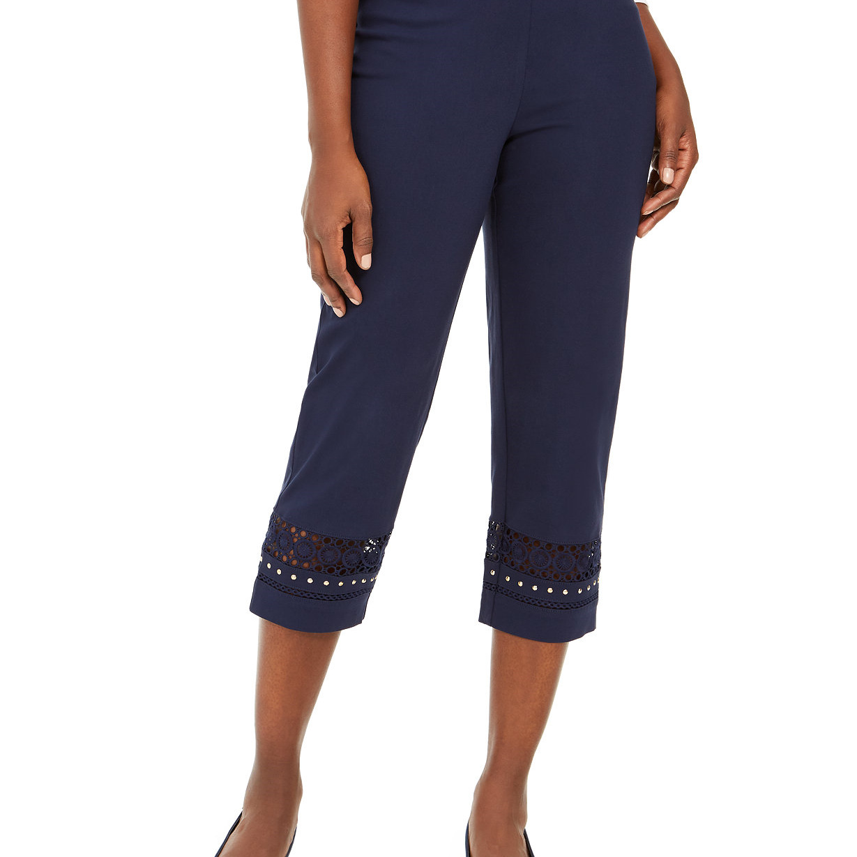 JM Collection Women Crochet Trim Studded Capris Intrepid Blue