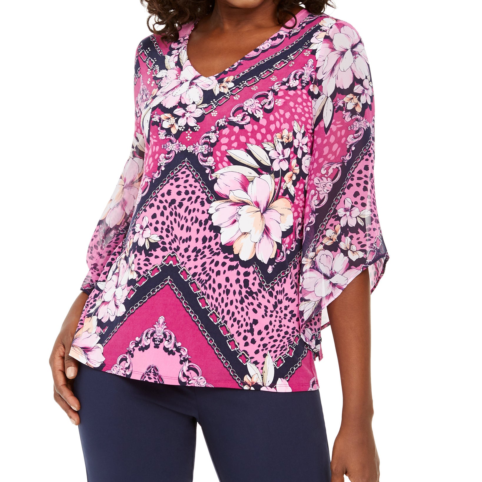 JM Collection Women Chiffon Sleeve Printed Tunic Top Ella Bouquet