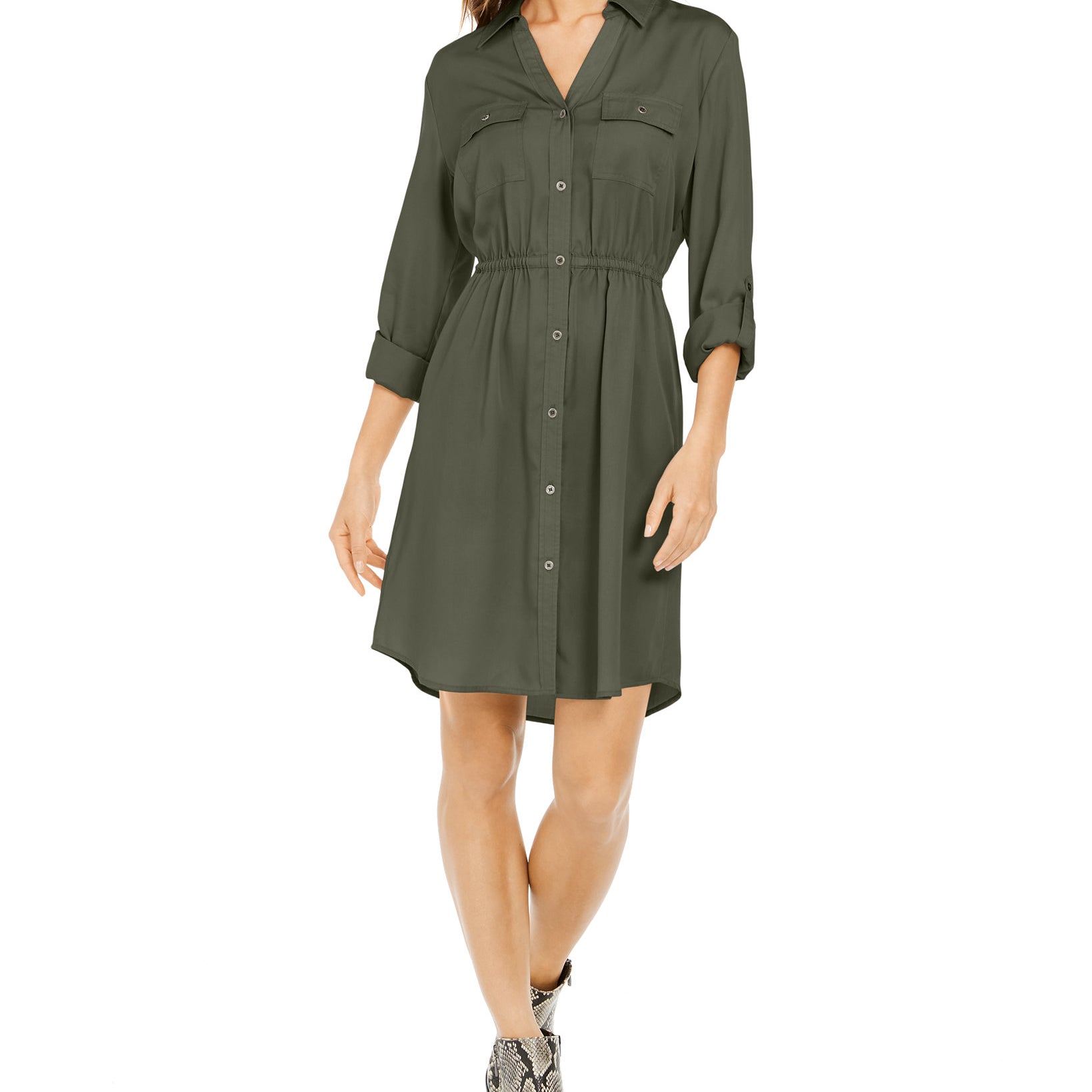 Style & Co Women Solid Utility Shirtdress Olive Sprig