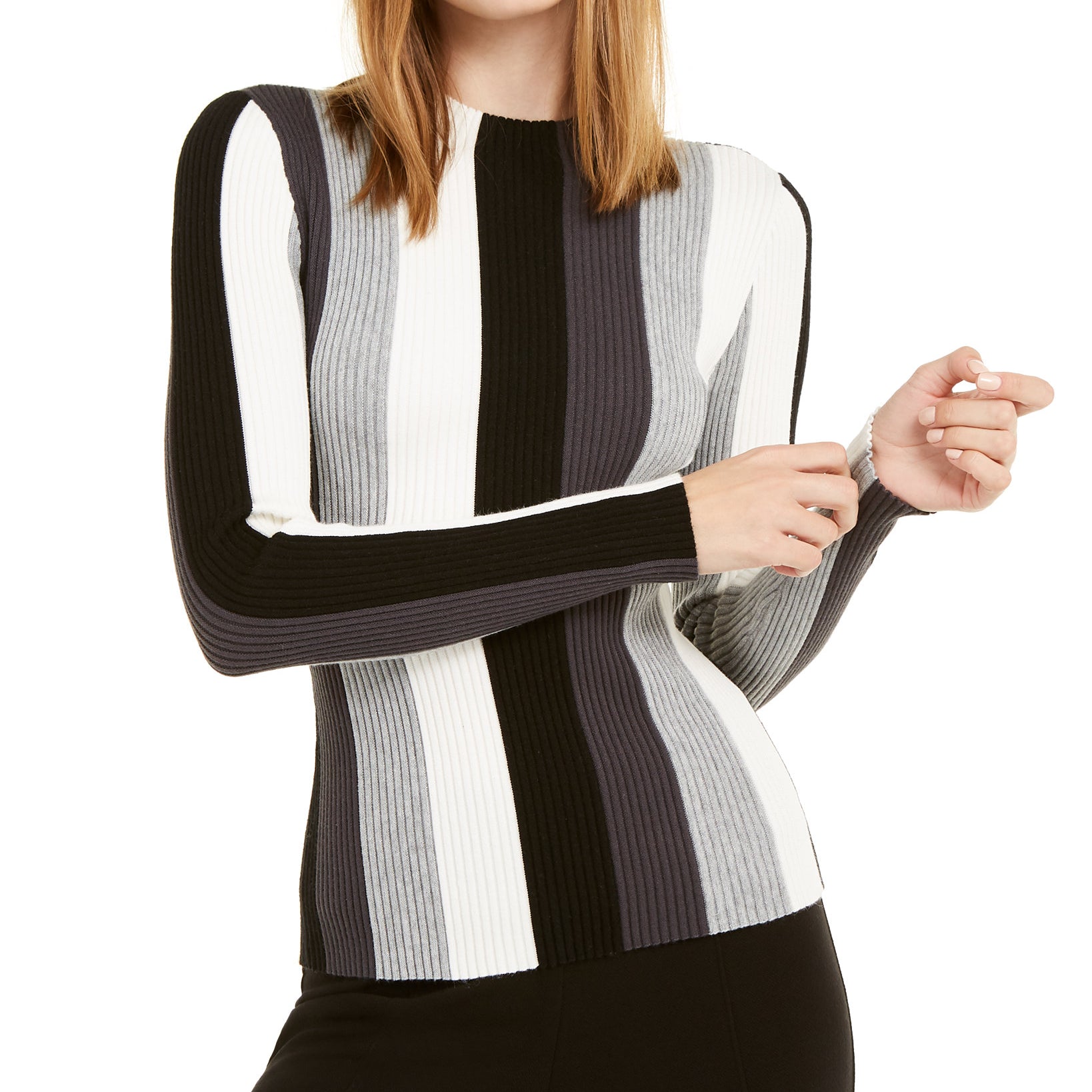 INC International Concepts Women Striped Ribbed Mock Neck Sweater Deep Black
