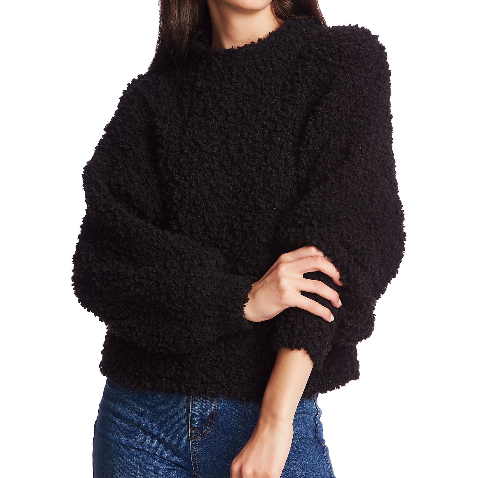 1.STATE Women Mock Neck Poodle Textured Sweater Rich Black