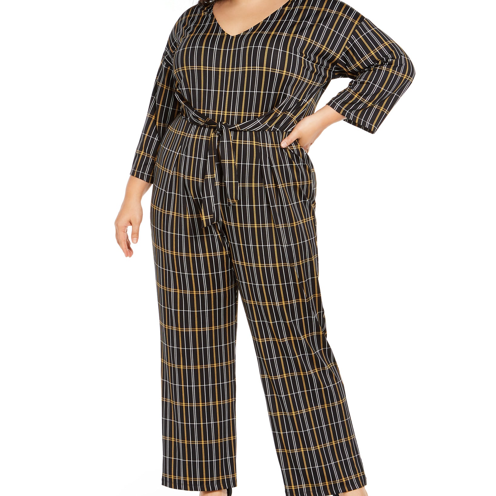NY Collection Women Plus Printed Tie Front Gaucho Jumpsuit Onyx Carra Plaid