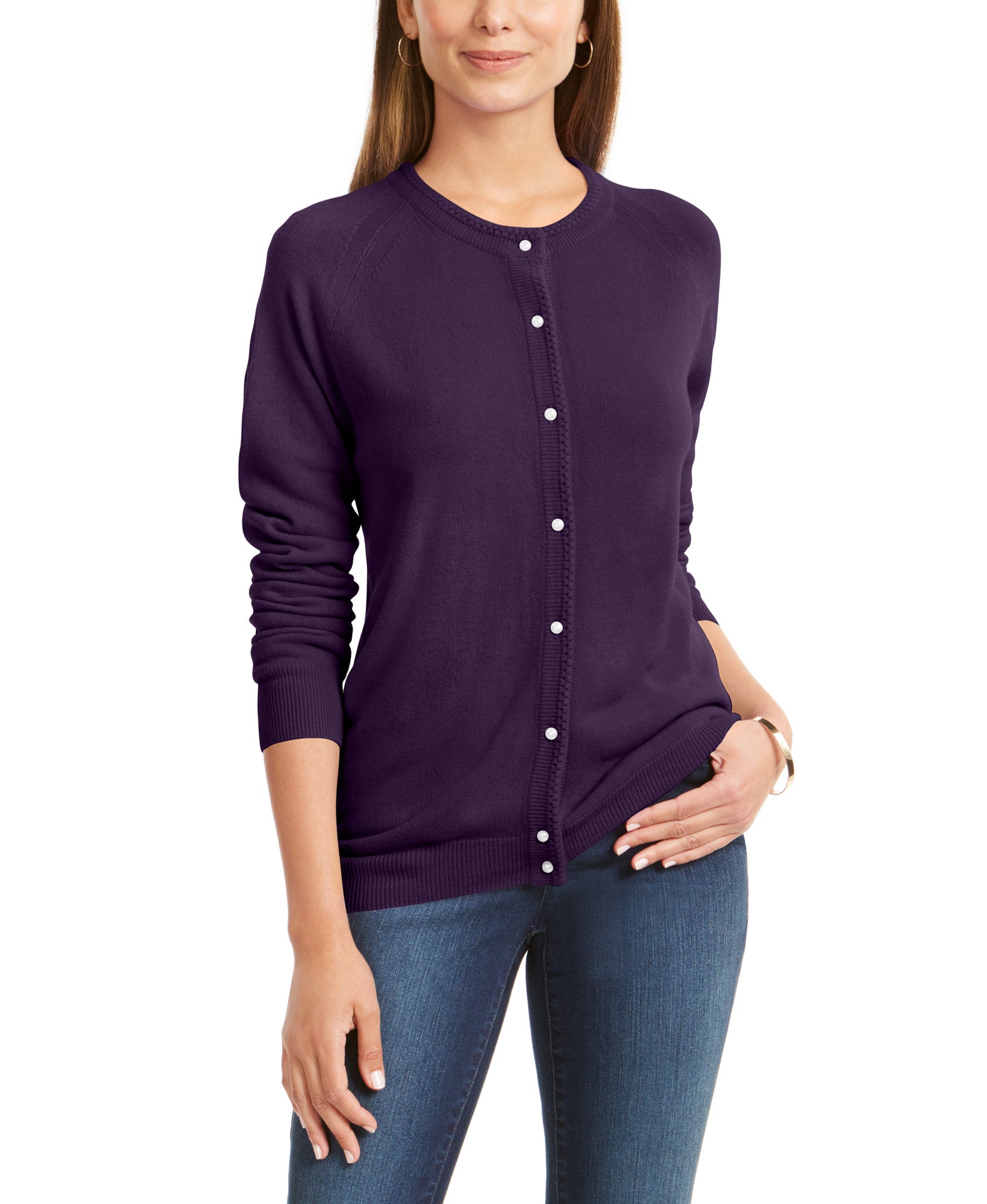 Karen Scott Women Petite Luxsoft Button Cardigan Purple Dynasty