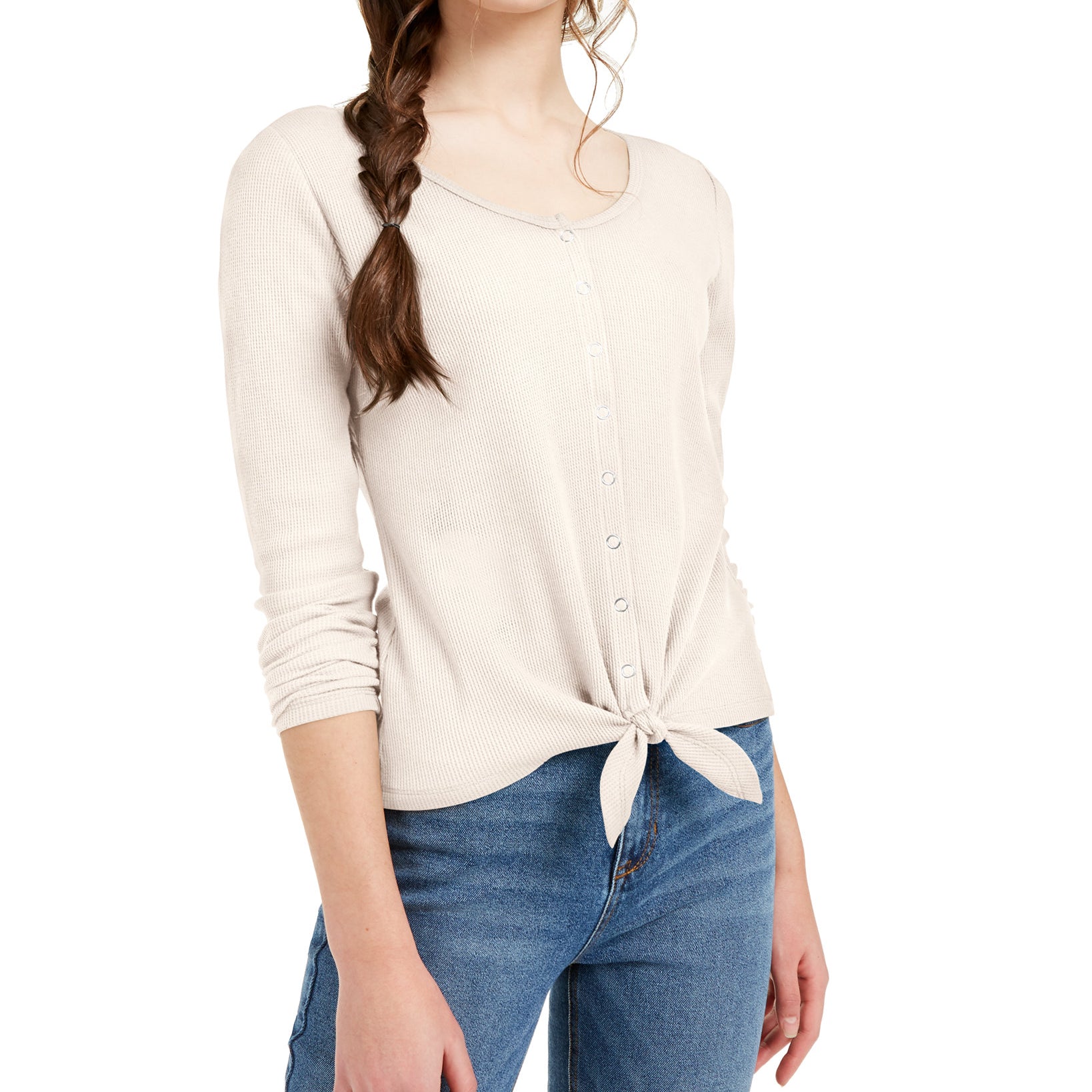 Ultra Flirt Women Tie Hem Thermal Top Ivory Gardenia