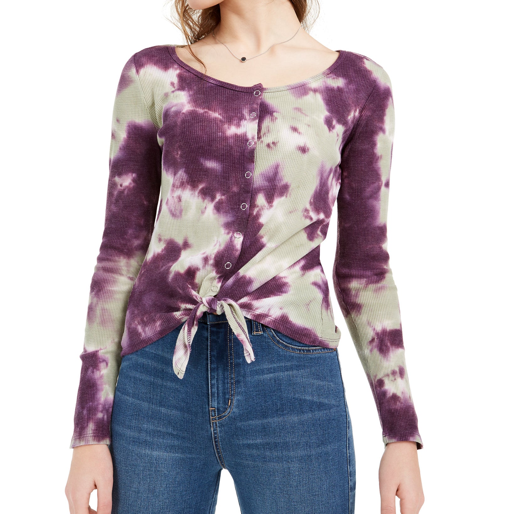 Ultra Flirt Women Tie Hem Thermal Top Purple Tie Dye
