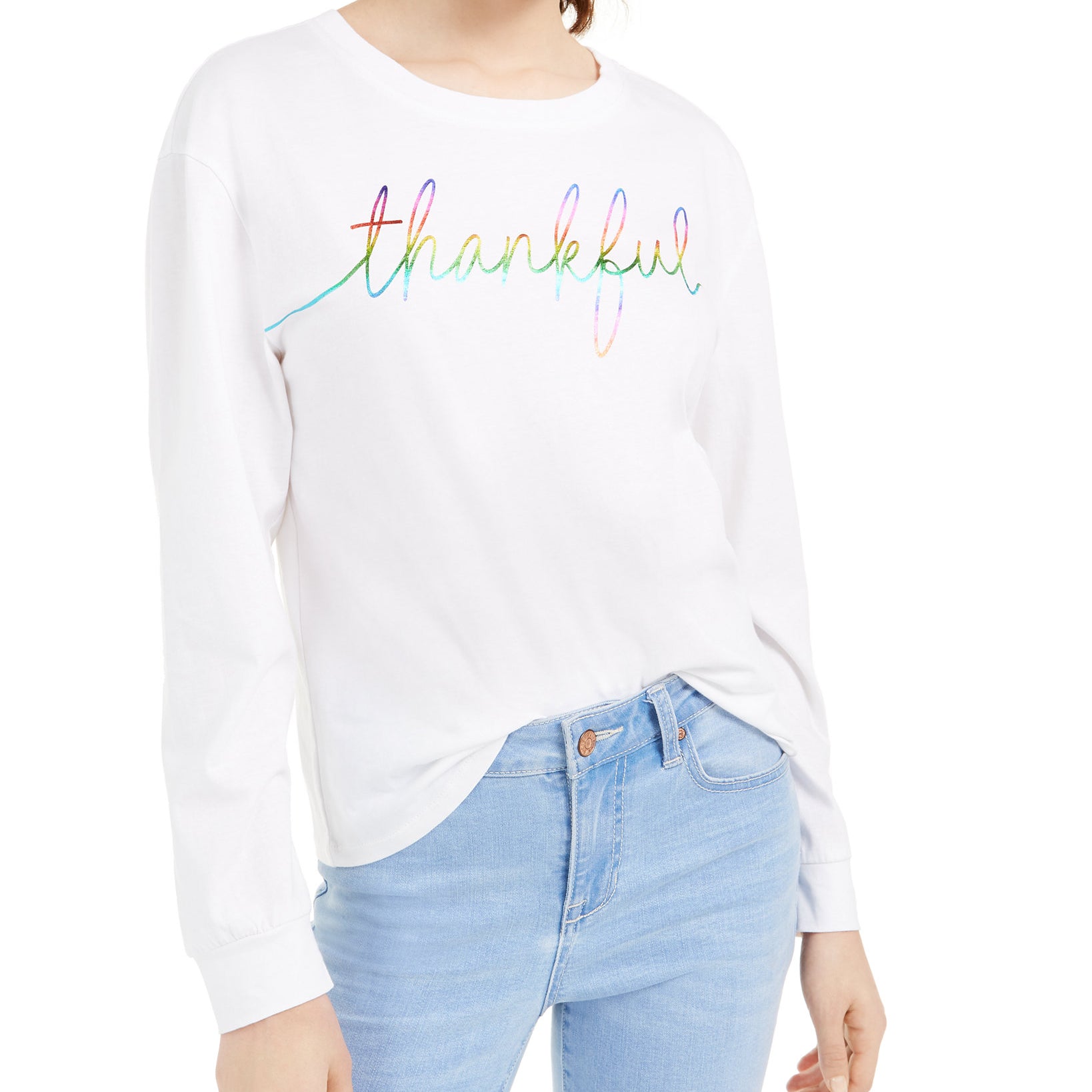 Rebellious One Women Thankful Long Sleeve Cotton T Shirt White