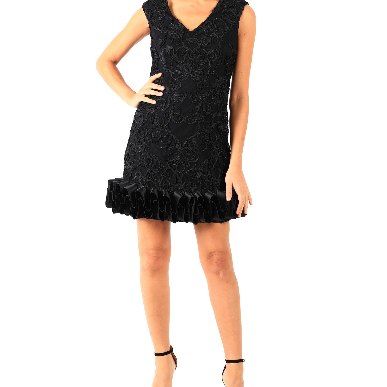 Donna Ricco Women V Neck Cupcake Dress Black