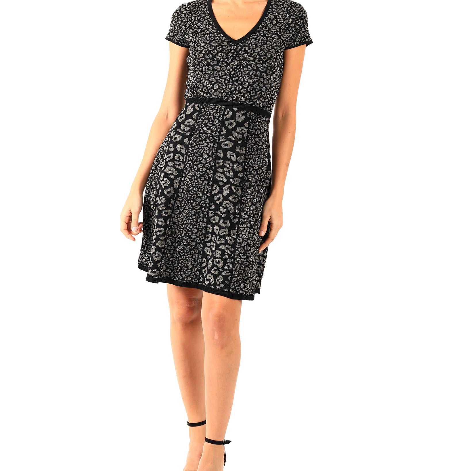 Donna Ricco Women Short Sleeve Sweater Dress Black Gold