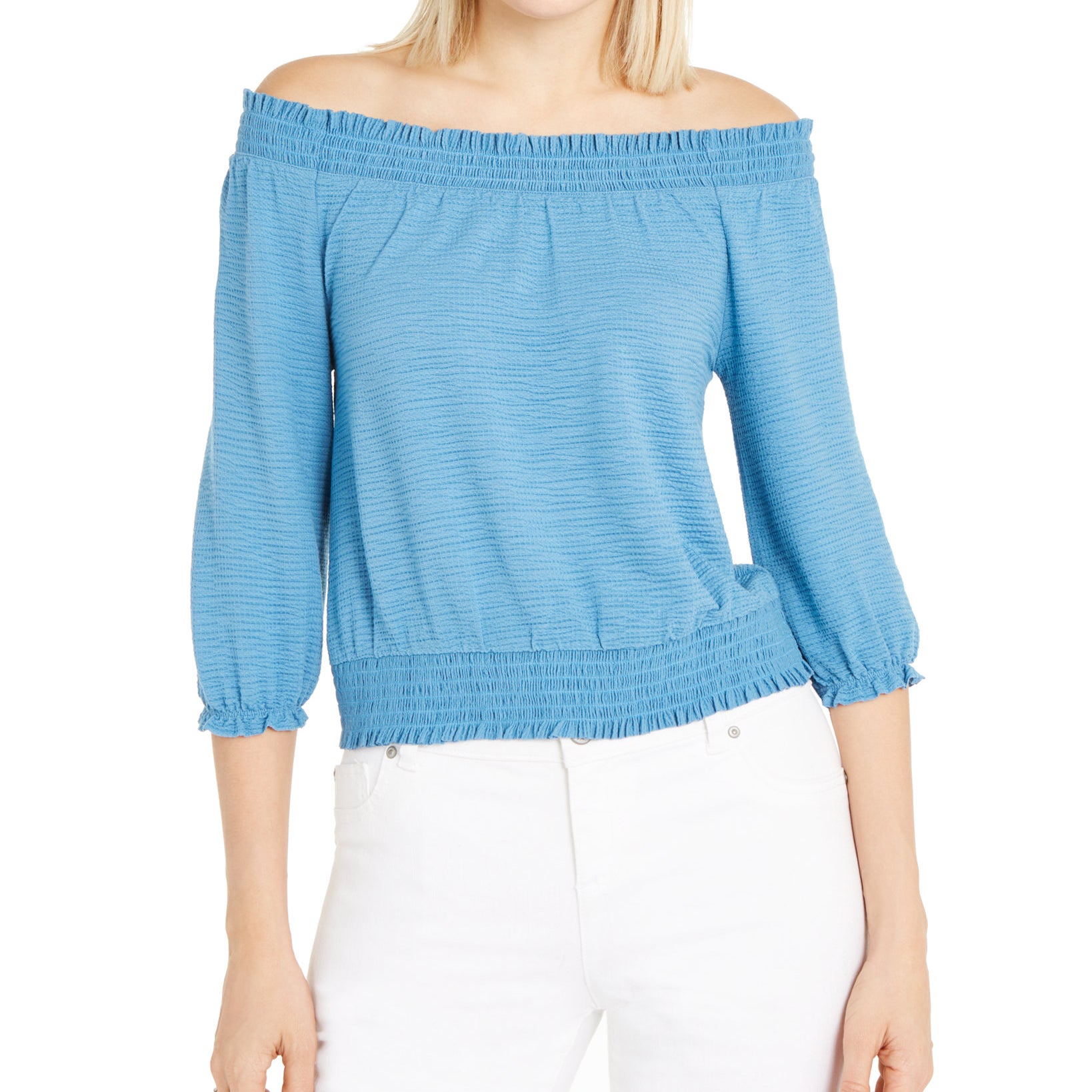 INC International Concepts Women Smocked Peasant Top Chambray Blue
