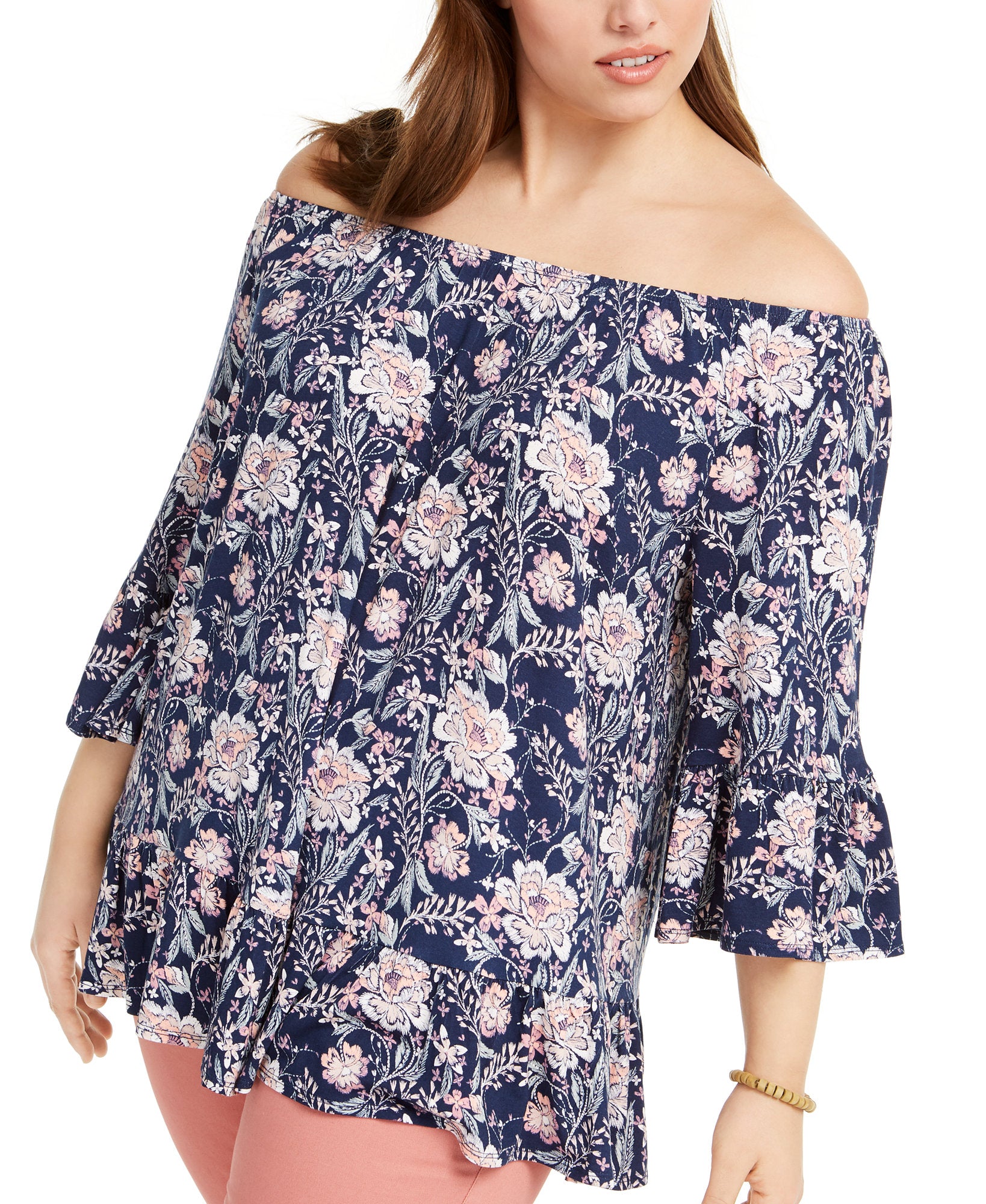 Style & Co Women Plus Printed On Or Off The Shoulder Top