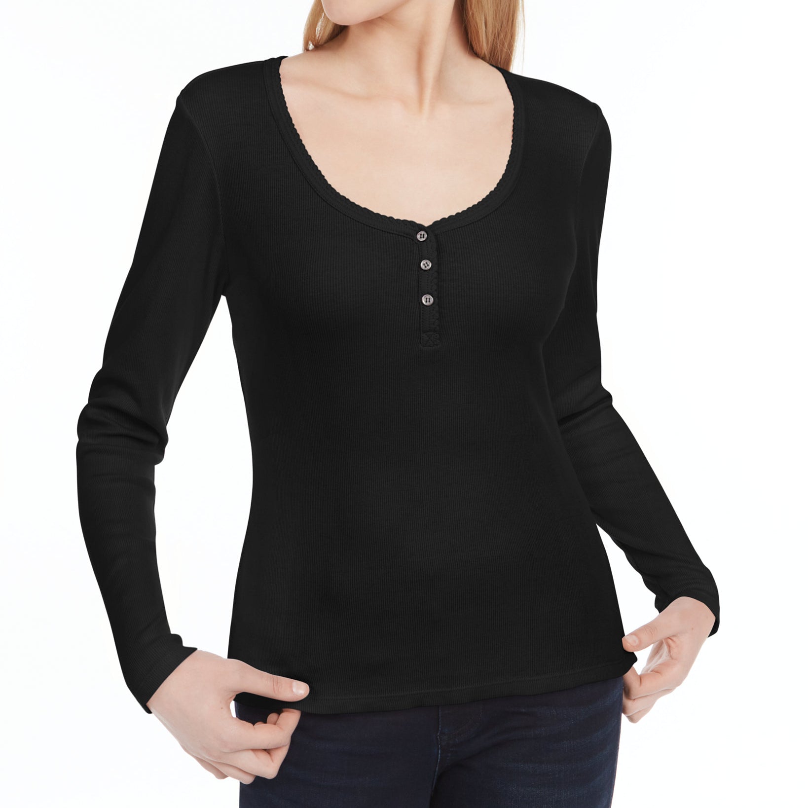 Ultra Flirt Women Scallop Edge Henley Black
