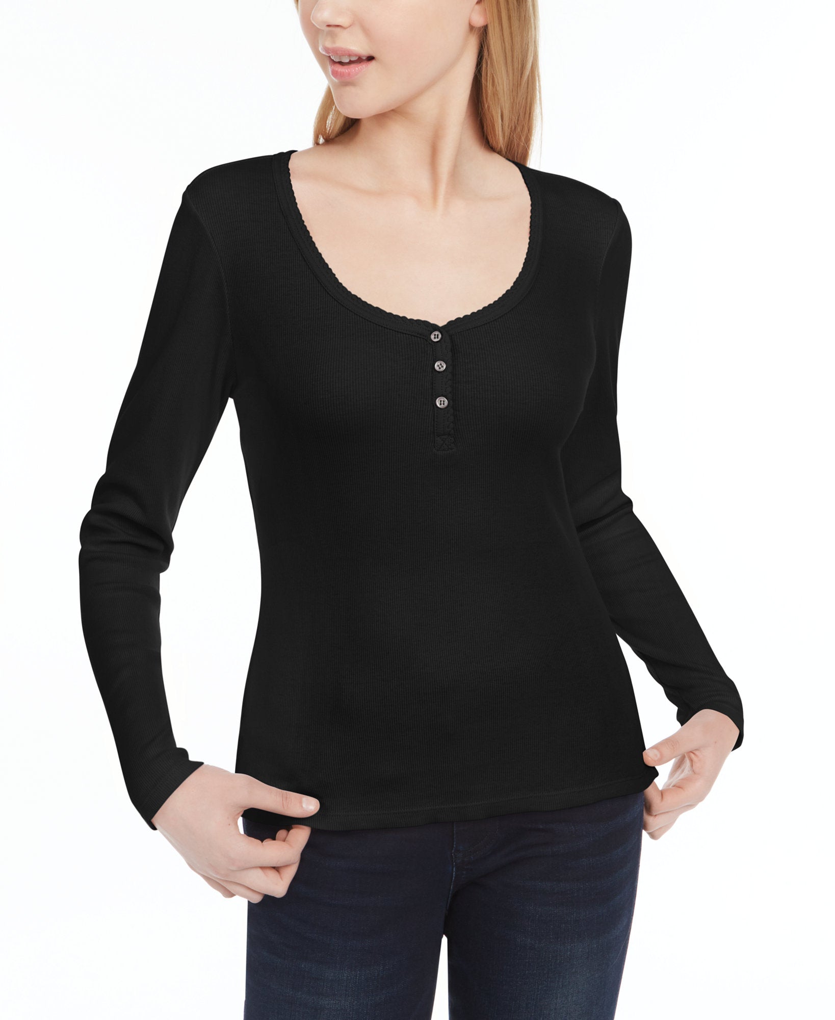 Ultra Flirt Women Scallop Edge Henley Black