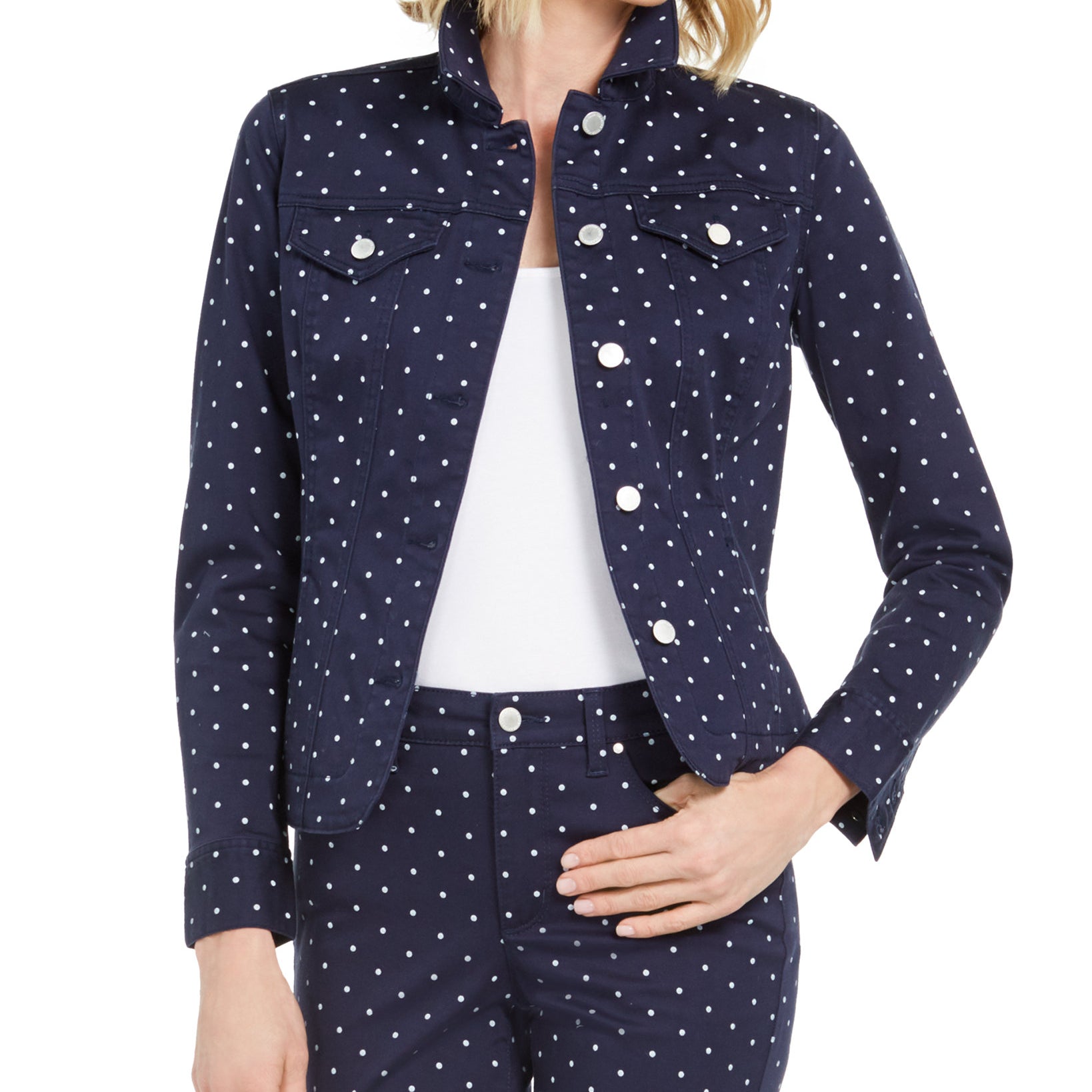 Charter Club Women Petite Printed Denim Jacket Intrepid Blue Combo