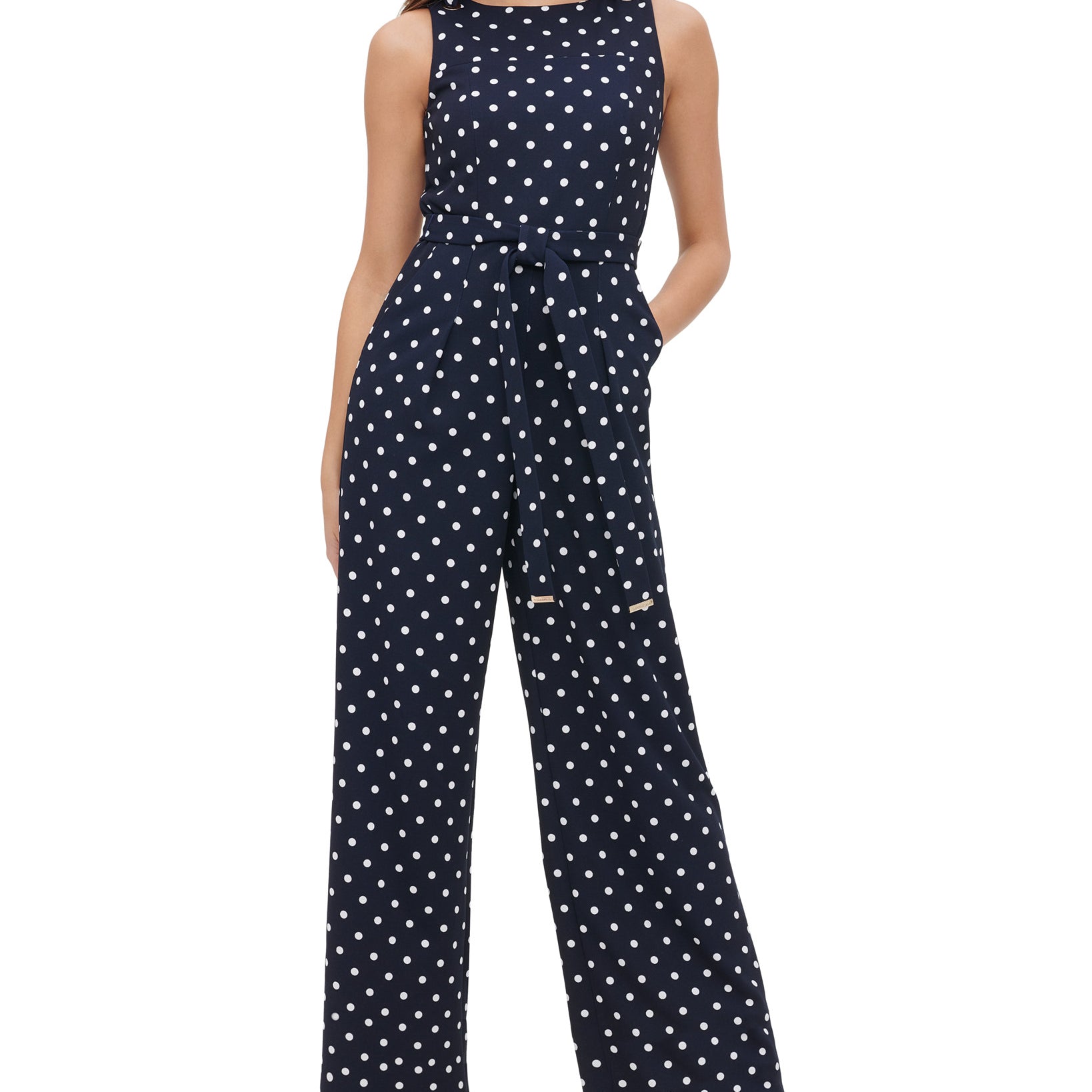 Tommy Hilfiger Women Polka Dot Tie Waist Jumpsuit Sky Captain Ivory