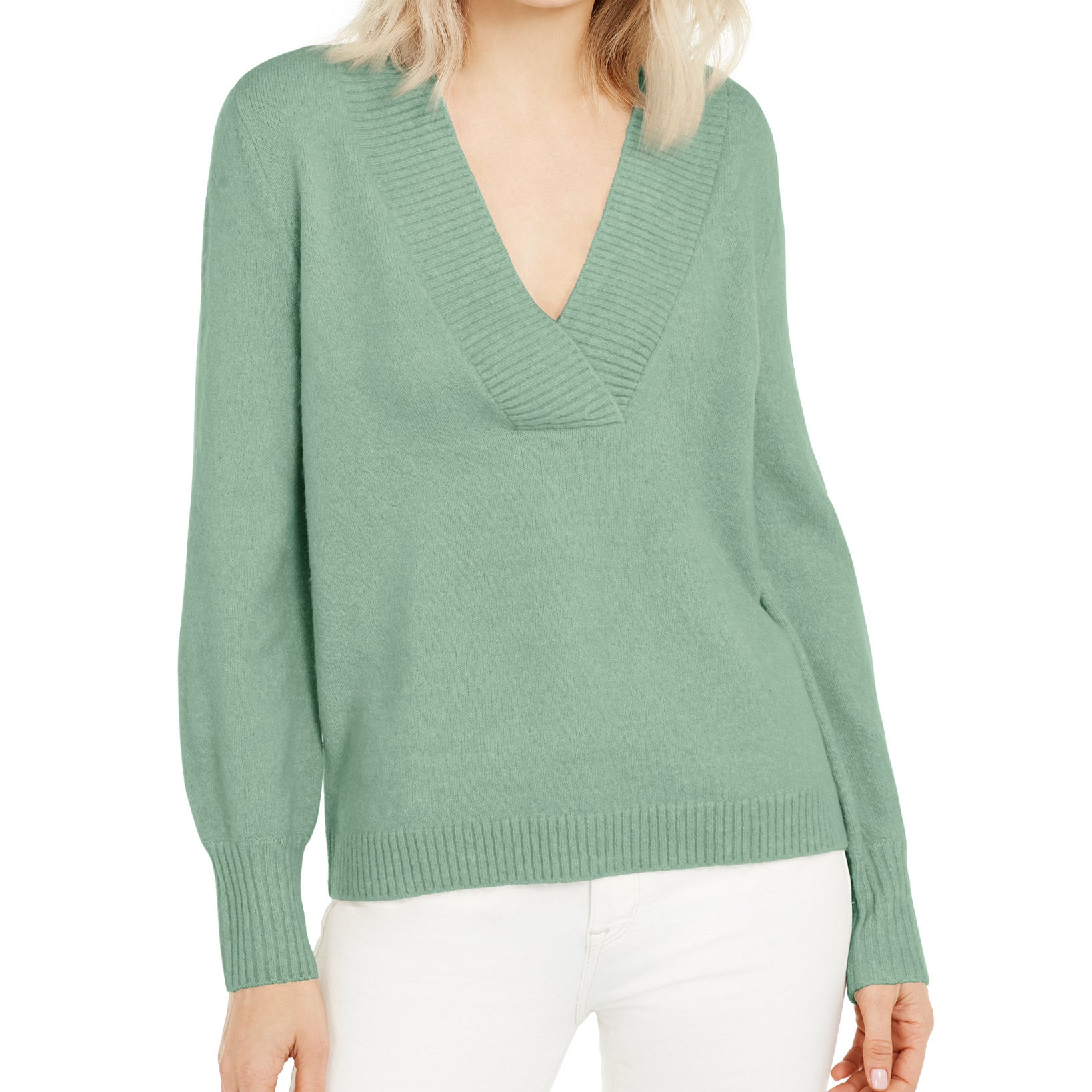 INC International Concepts Women Deep V Neck Tunic Sweater Dewy Green