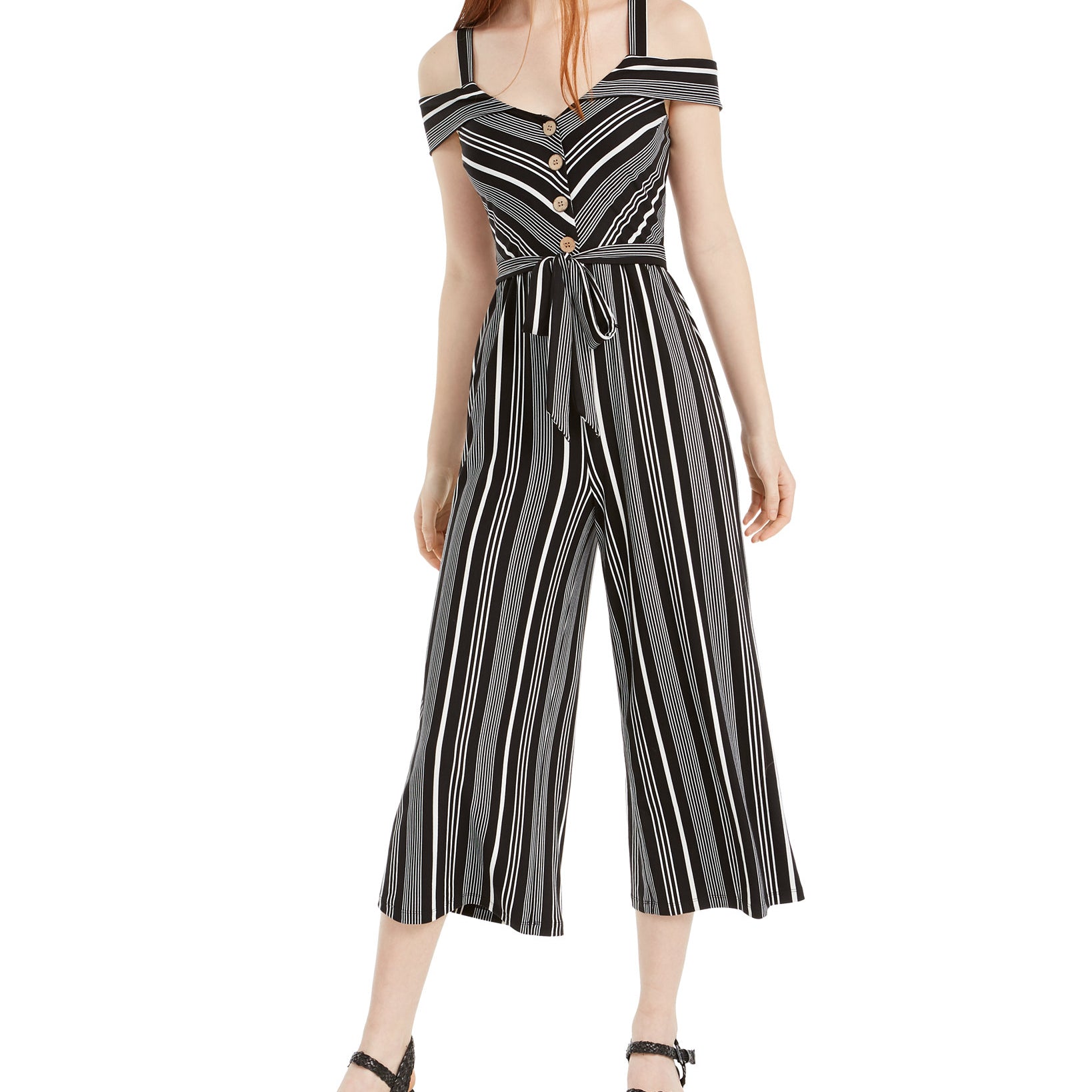 BCX Women Striped Off The Shoulder Jumpsuit Black Stripe