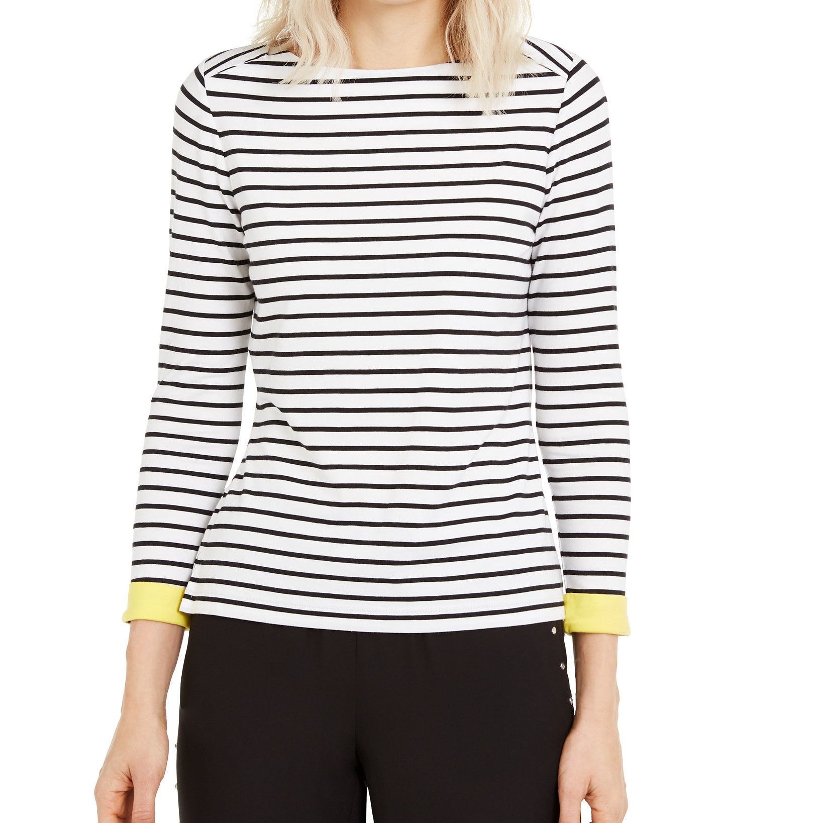 Anne-Klein-Women-Striped-Boat-Neck-Top-White-Black