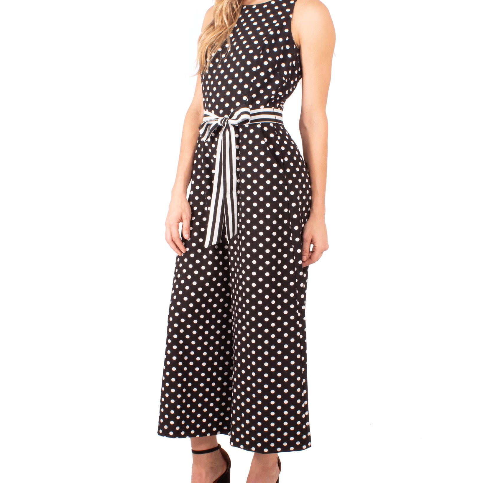 NY Collection Women Petite Printed Belted Sleeveless Jumpsuit Black Circlelines