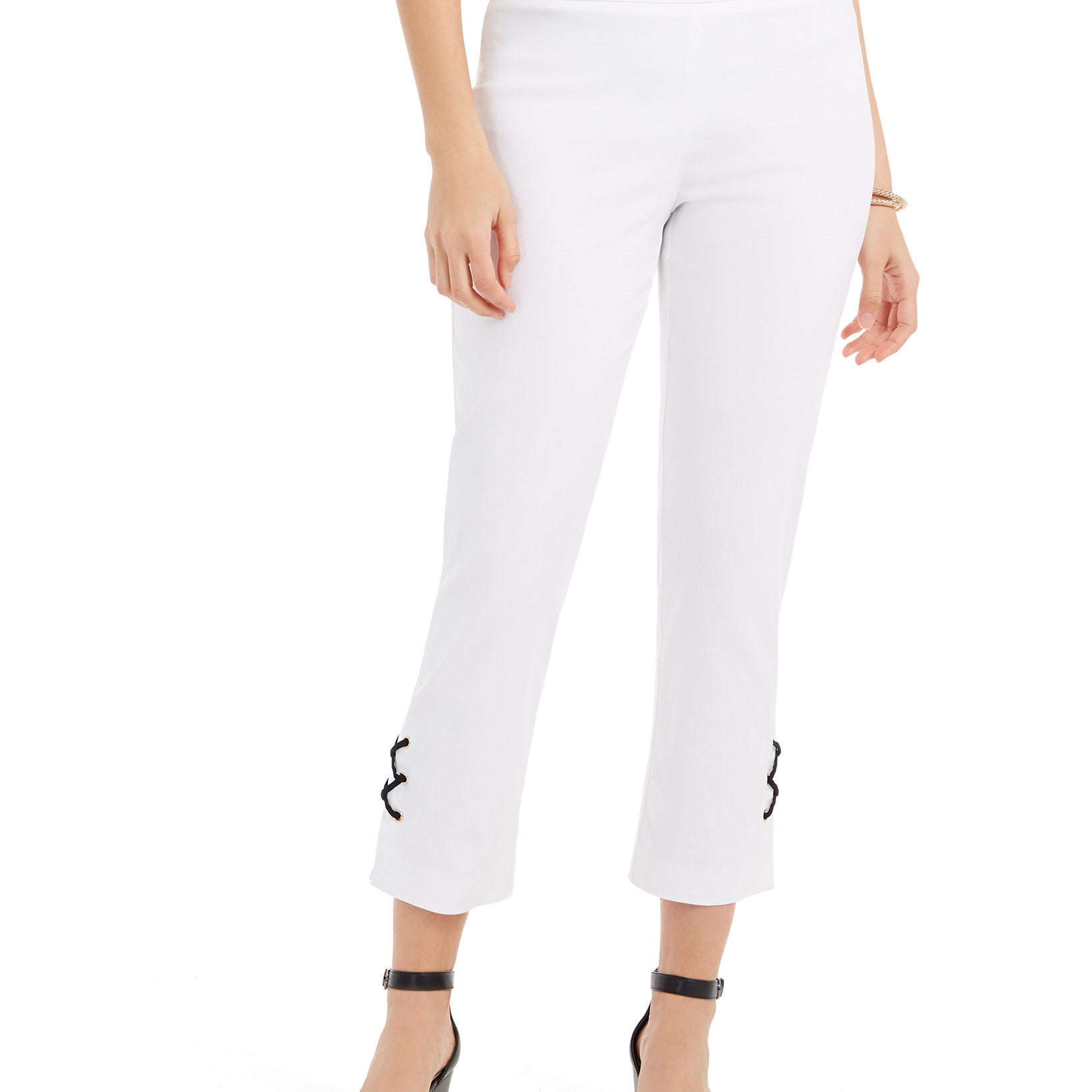 JM Collection Women Lace Up Tummy Control Ankle Pants Bright White