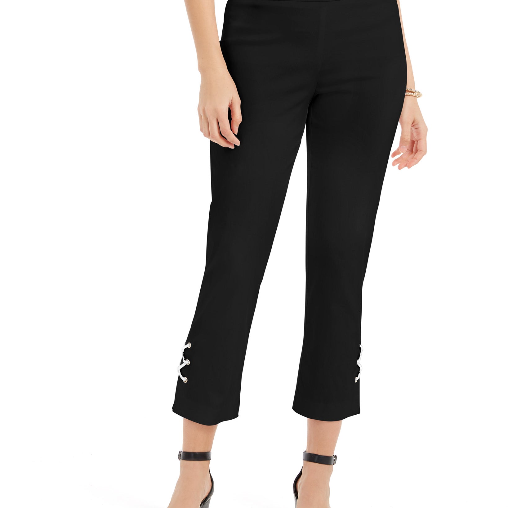 JM Collection Women Lace Up Tummy Control Ankle Pants Deep Black