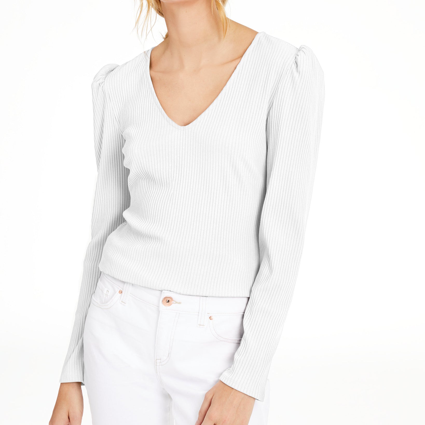 INC International Concepts Women Ribbed Puff Sleeve Top Bright White