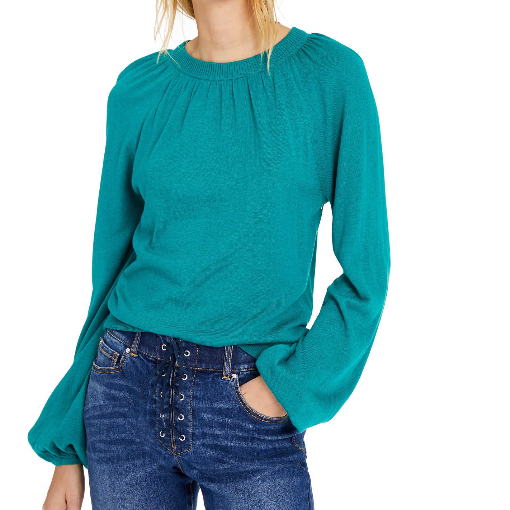 INC International Concepts Women Balloon Sleeve Sweater Quetzal Green