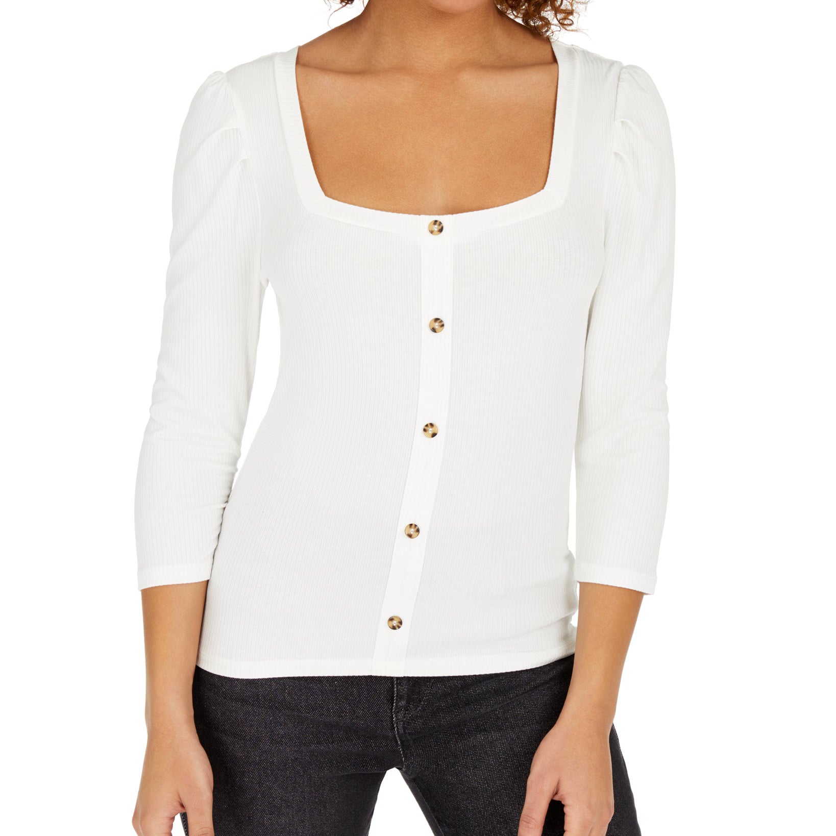 Crave Fame Women Puff Sleeved Rib Knit Top Ivory