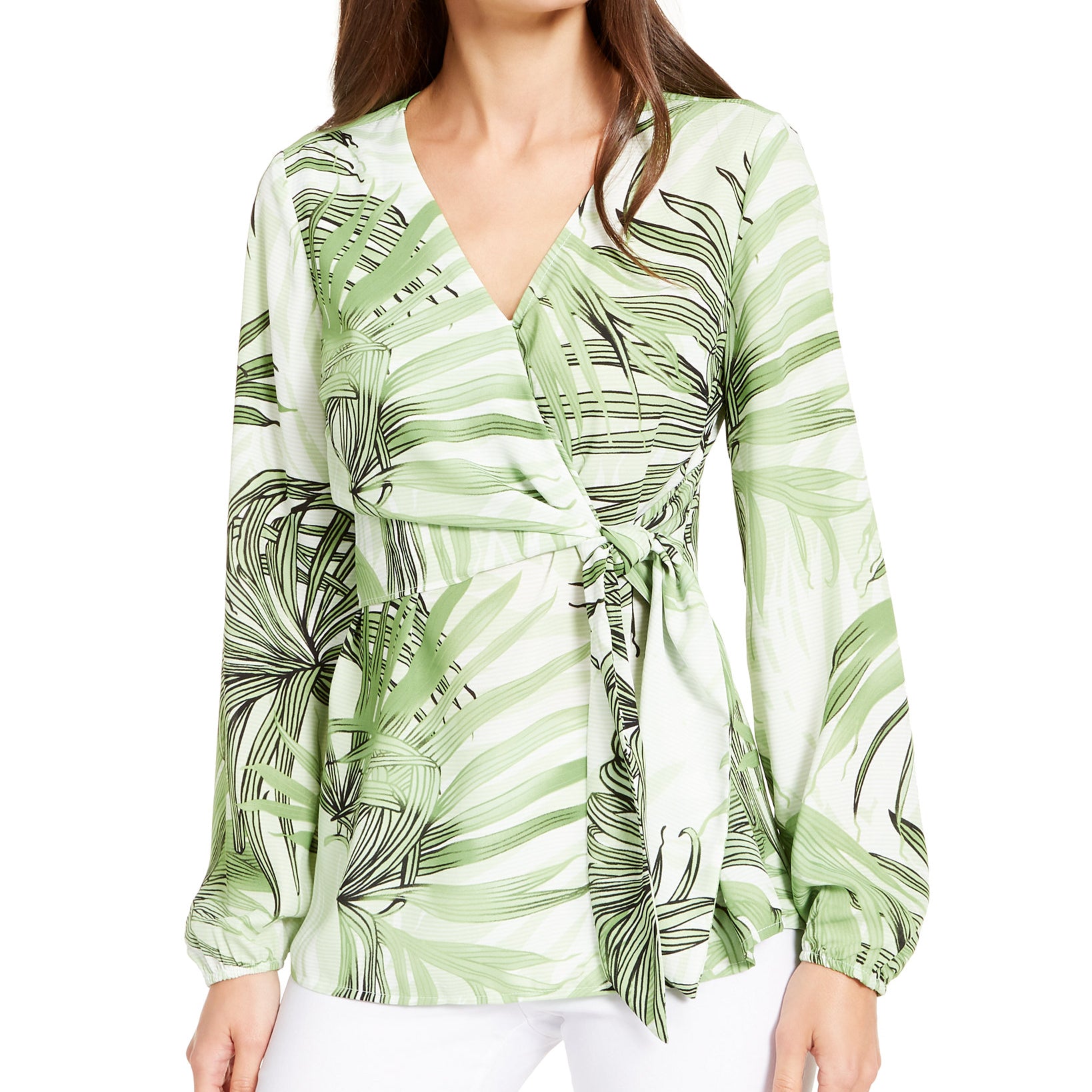 Alfani Women Printed Wrap Top Green Grand Fern