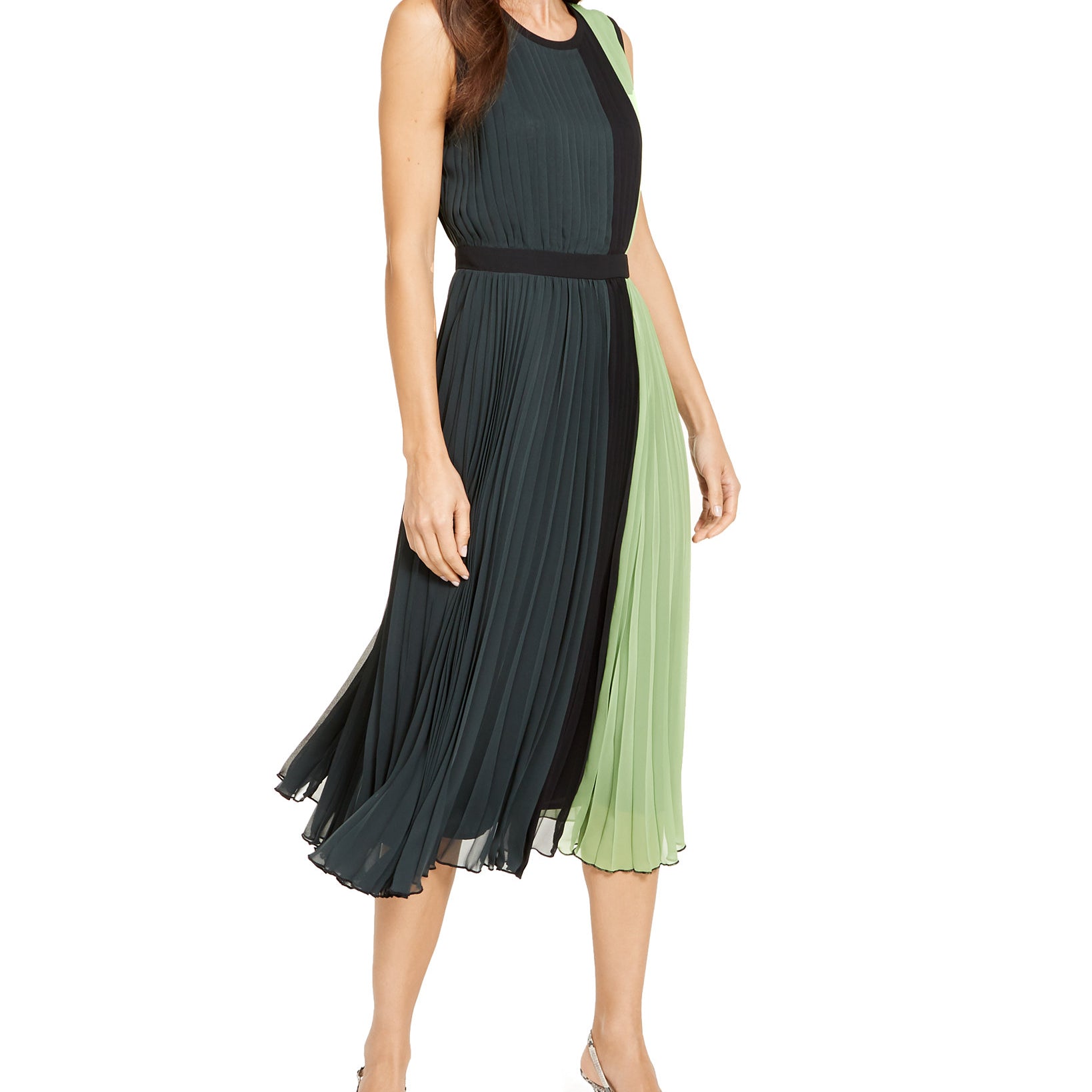 Alfani-Women-Colorblocked-Pleated-Sleeveless-Dress-Meadow-Greem