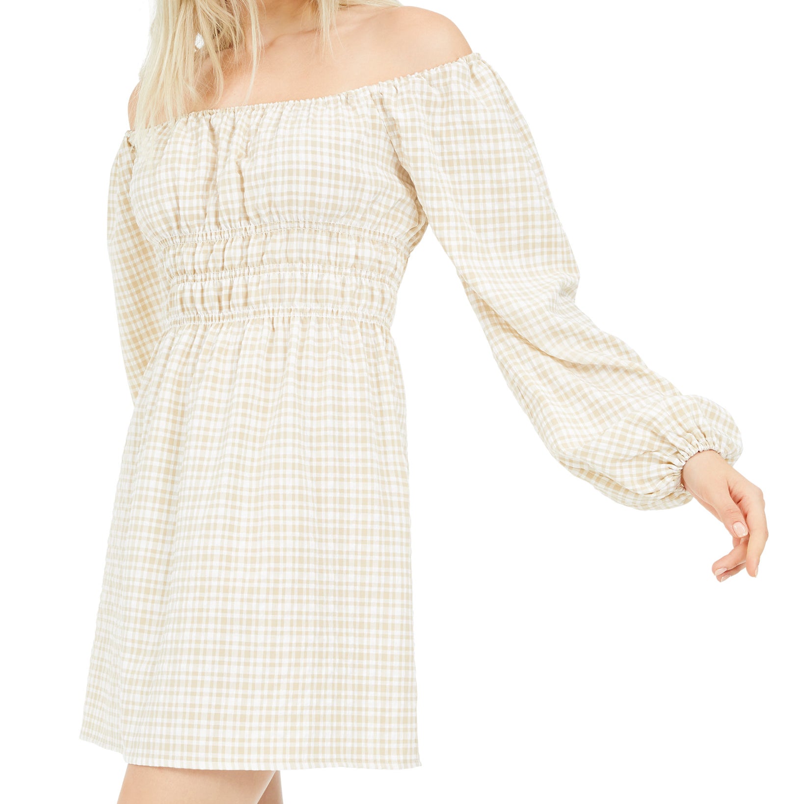 LEYDEN Women Gingham Smocked Mini Dress Khaki Gingham