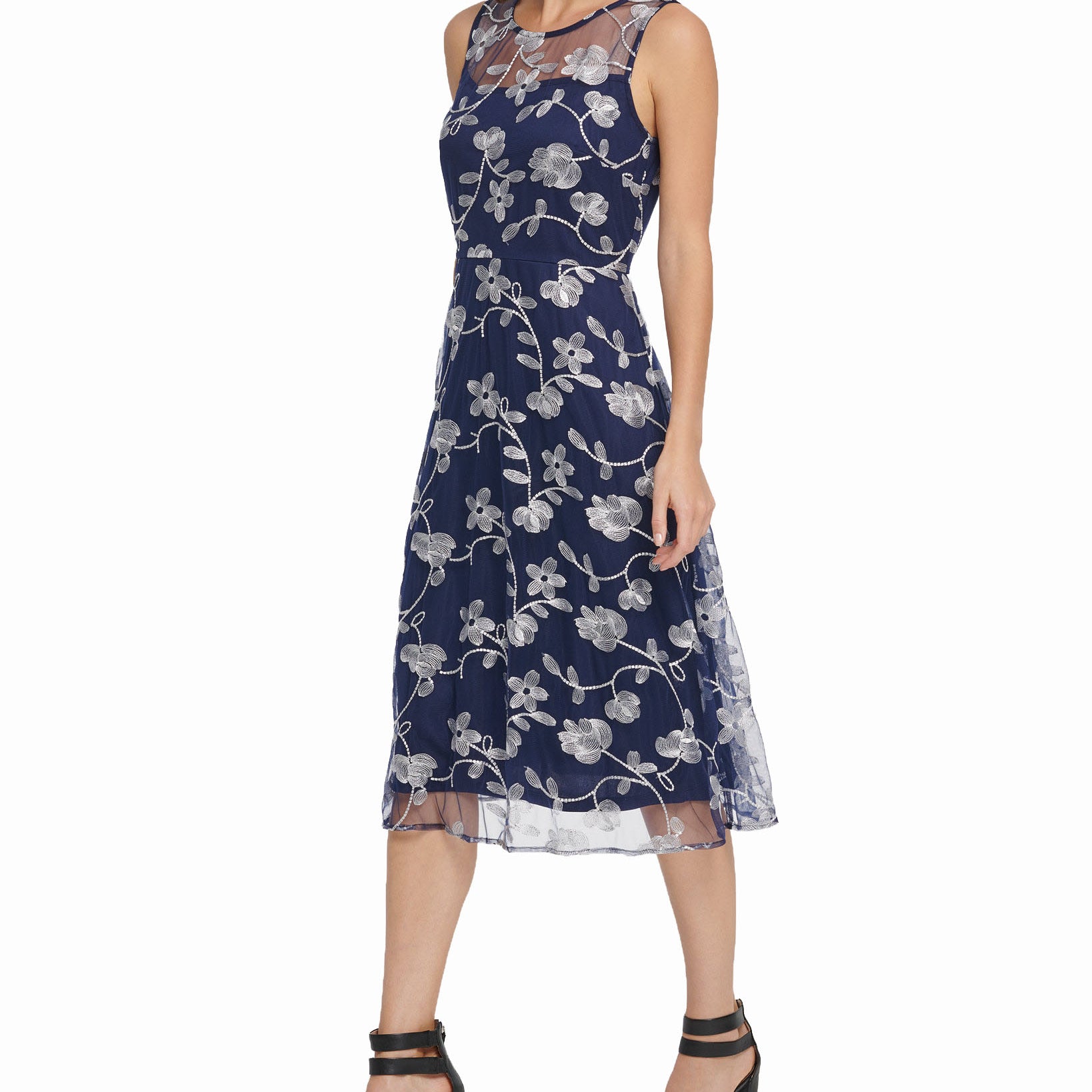 DKNY Women Embroidered Midi Fit & Flare Dress