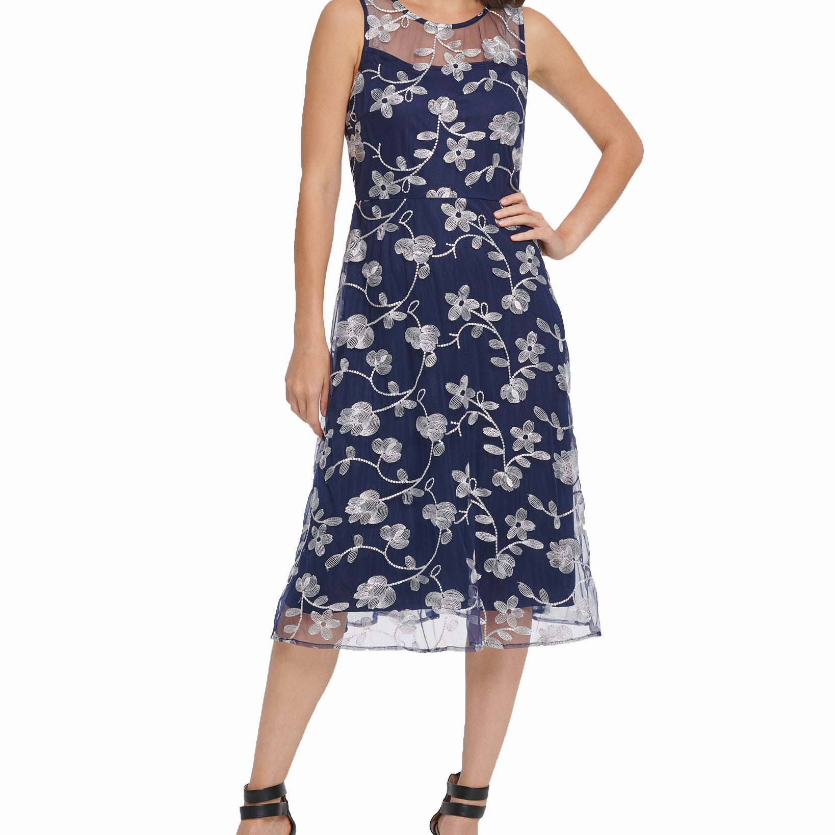 DKNY Women Embroidered Midi Fit & Flare Dress Navy Multi