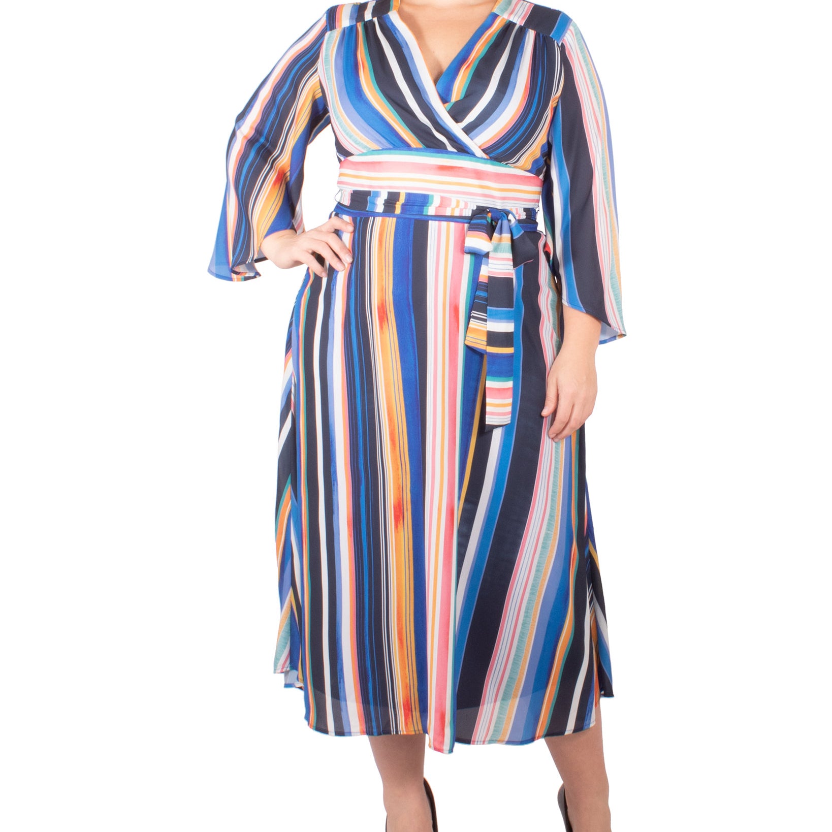 NY Collection Women Plus Striped Belted Wrap Dress Multie Vibeline