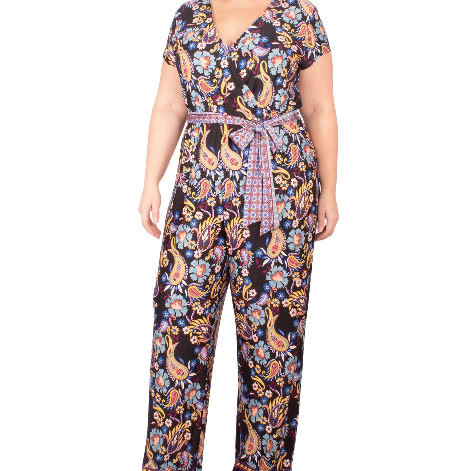 NY Collection Women Plus Paisley Print Tie Belt Jumpsuit Black Angel Pais