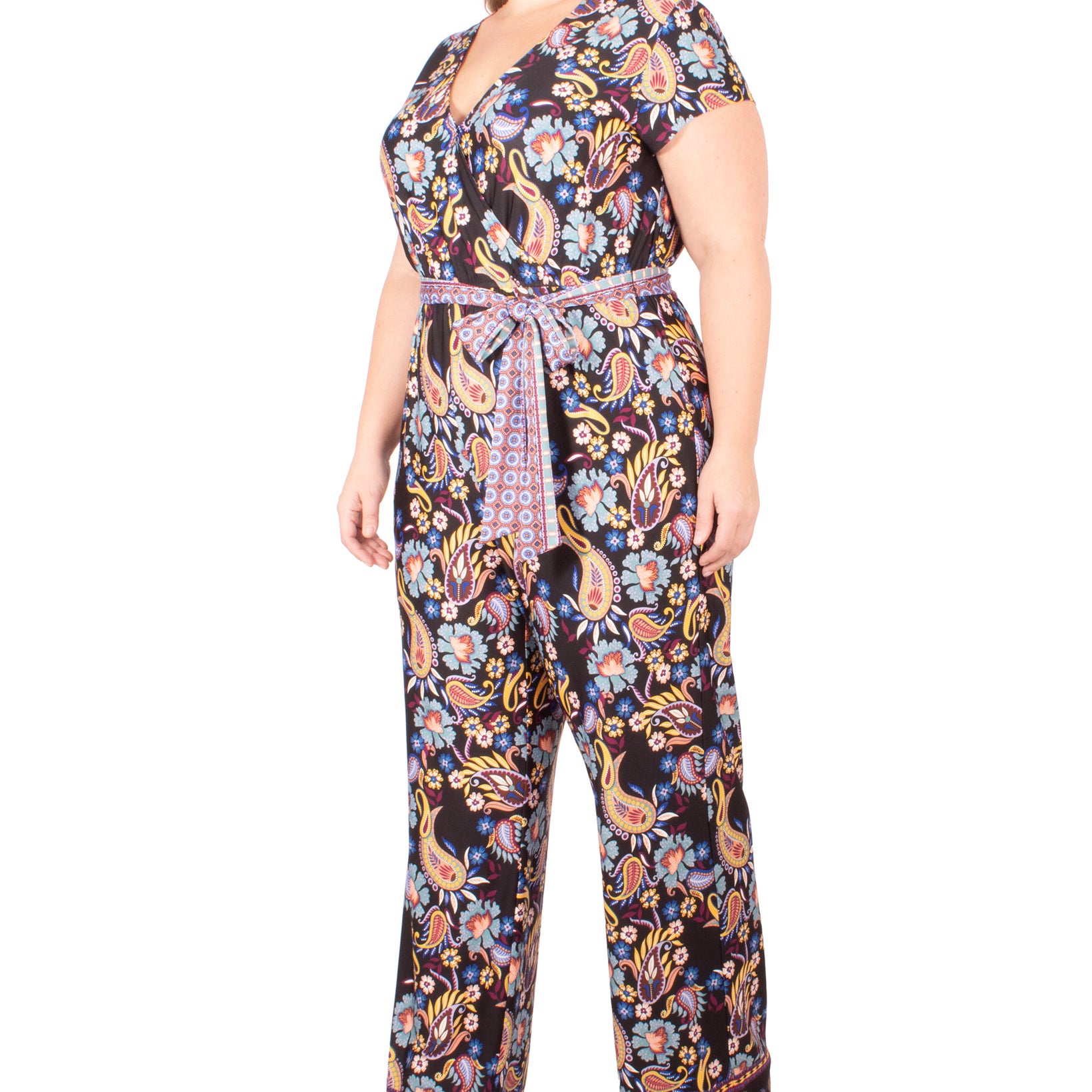 NY Collection Women Plus Paisley Print Tie Belt Jumpsuit