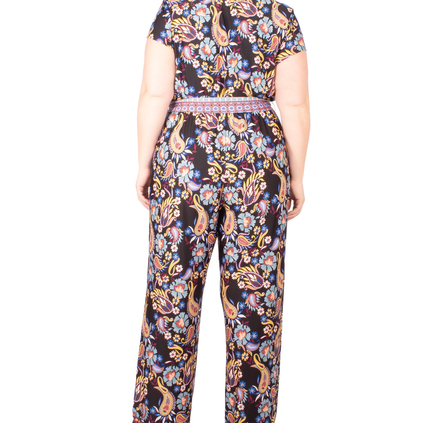 NY Collection Women Plus Paisley Print Tie Belt Jumpsuit