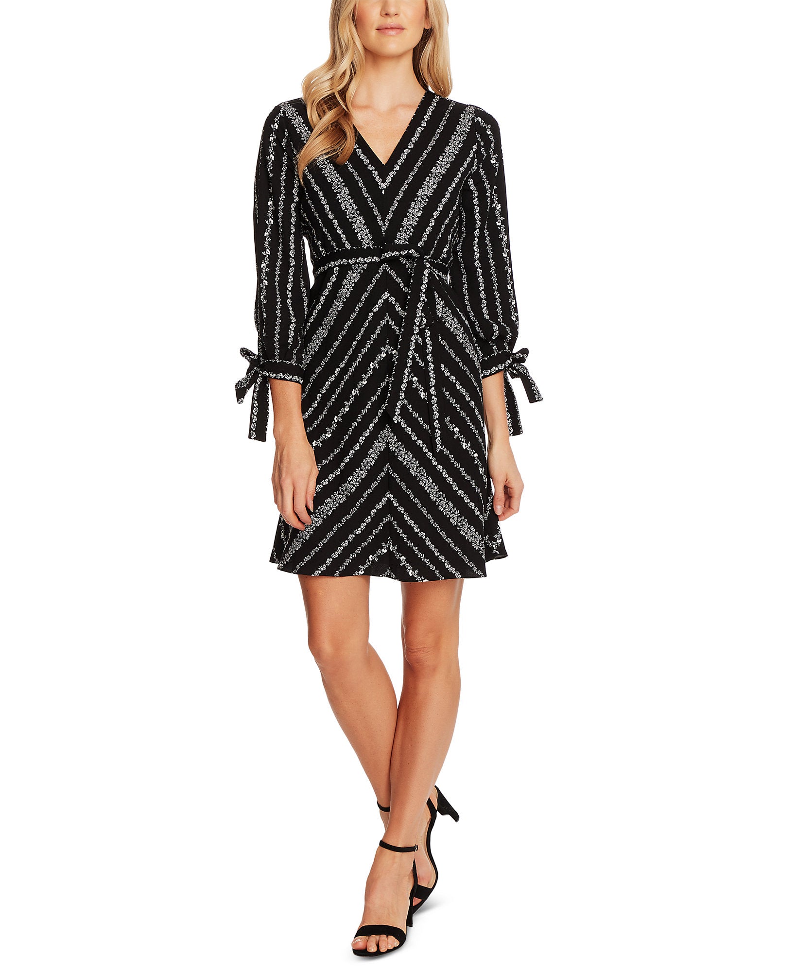 CeCe Women Printed Tie Sleeve Dress Rich Black