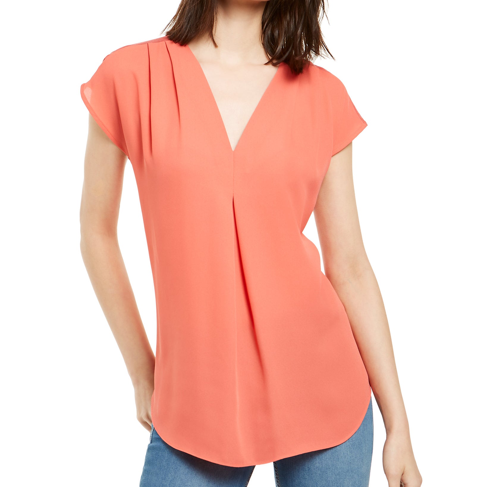INC International Concepts Women Plus Mixed Media Dolman Sleeve Top Grapefruit