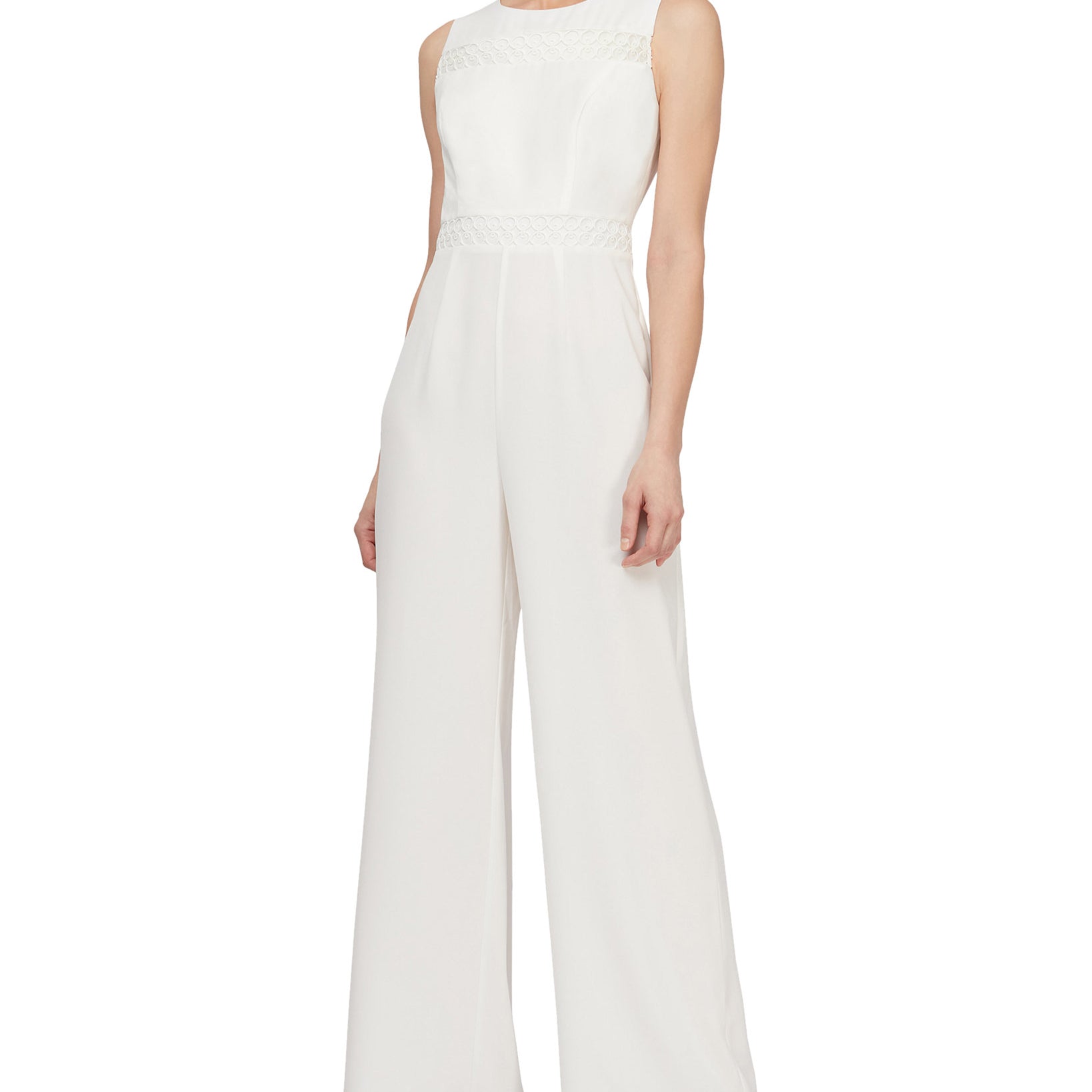 SL Fashions Women Sleeveless Eyelet Trim Jumpsuit Ivory