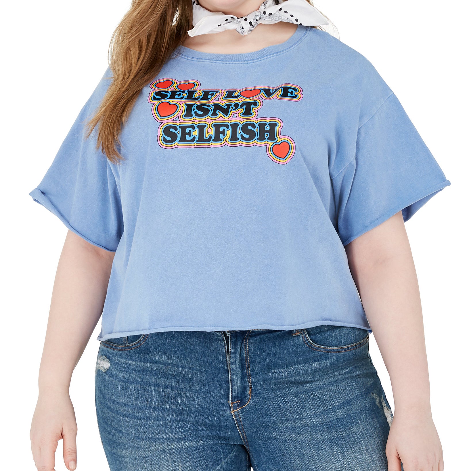 Modern Lux Women Plus Trendy Cotton Self Love Graphic Cropped T Shirt Cyan Blue