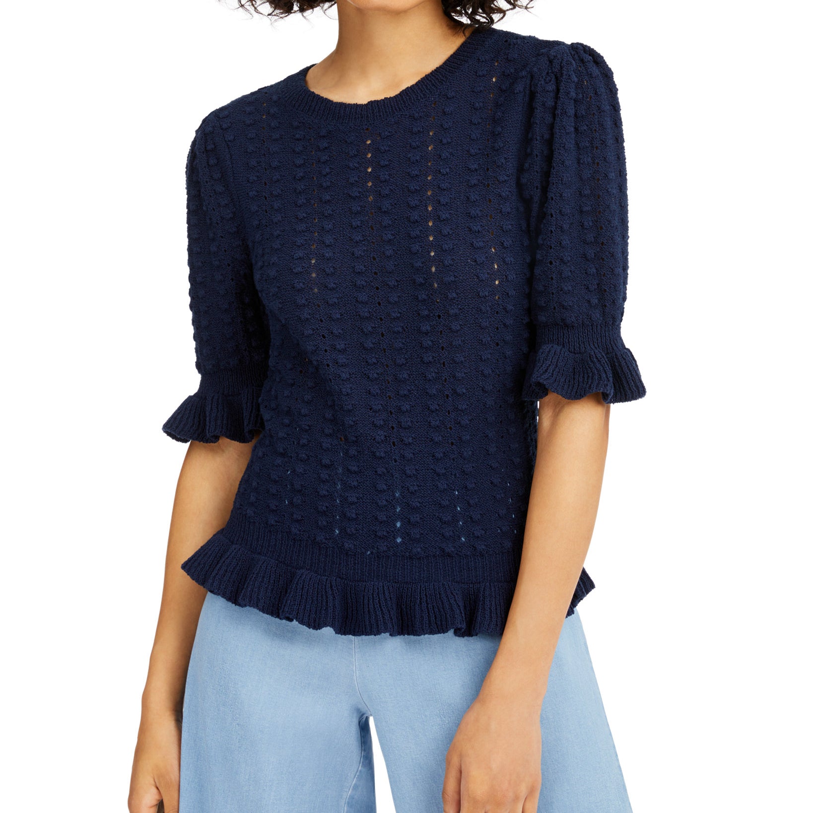 INC International Concepts Women Popcorn Stitch Pullover Sweater Indigo Sea